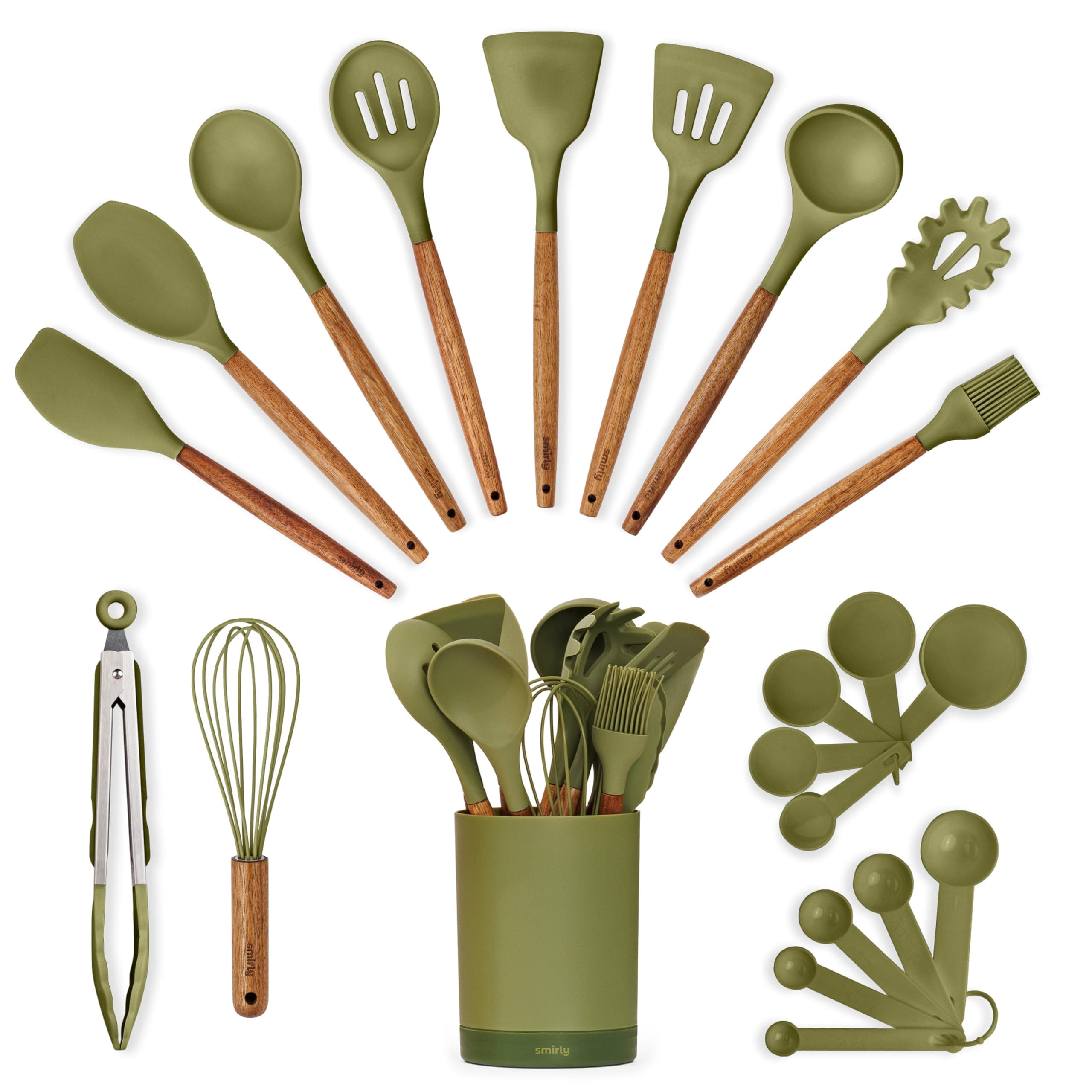 Silicone Kitchen Utensils Set & Holder: Cooking Utensils Set - Kitchen Essentials for New Home & 1st Apartment- Silicone Spatula Set, Cooking Spoons for Nonstick Cookware (Acacia Wood, Green)