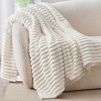 Fleece Throw Blanket for Couch - 300GSM Soft & Warm Fluffy Cream White Blanket, Decorative and Giftable Striped Blankets for Women, Men, 50"x60"