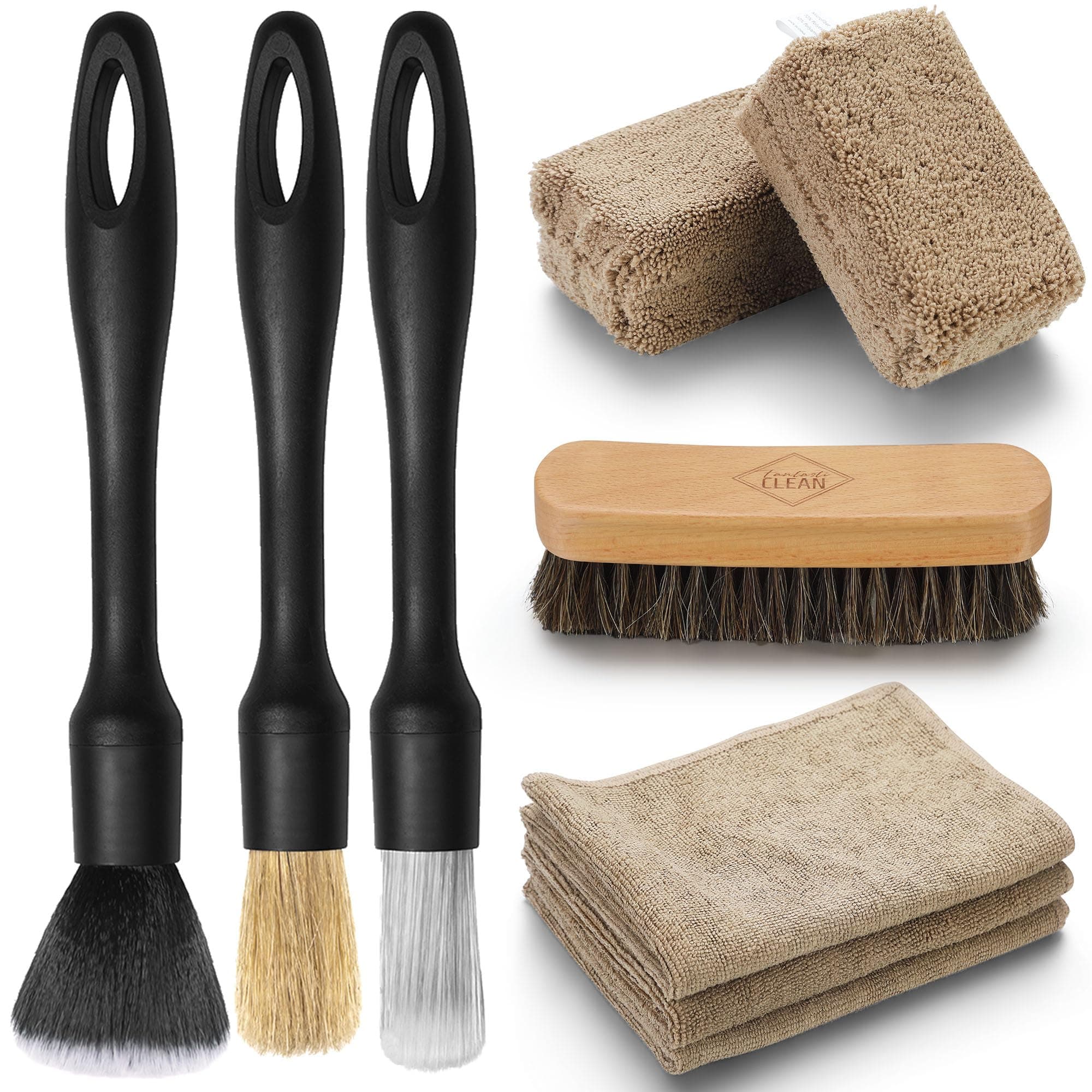 9PCS Car Interior Detailing Set, Microfiber Cloth & Applicator, Single-Head Detailing Brushes, Natural Bristles, Scratch-Free & Ultra-Soft for Seats Leather Care or Cleaning