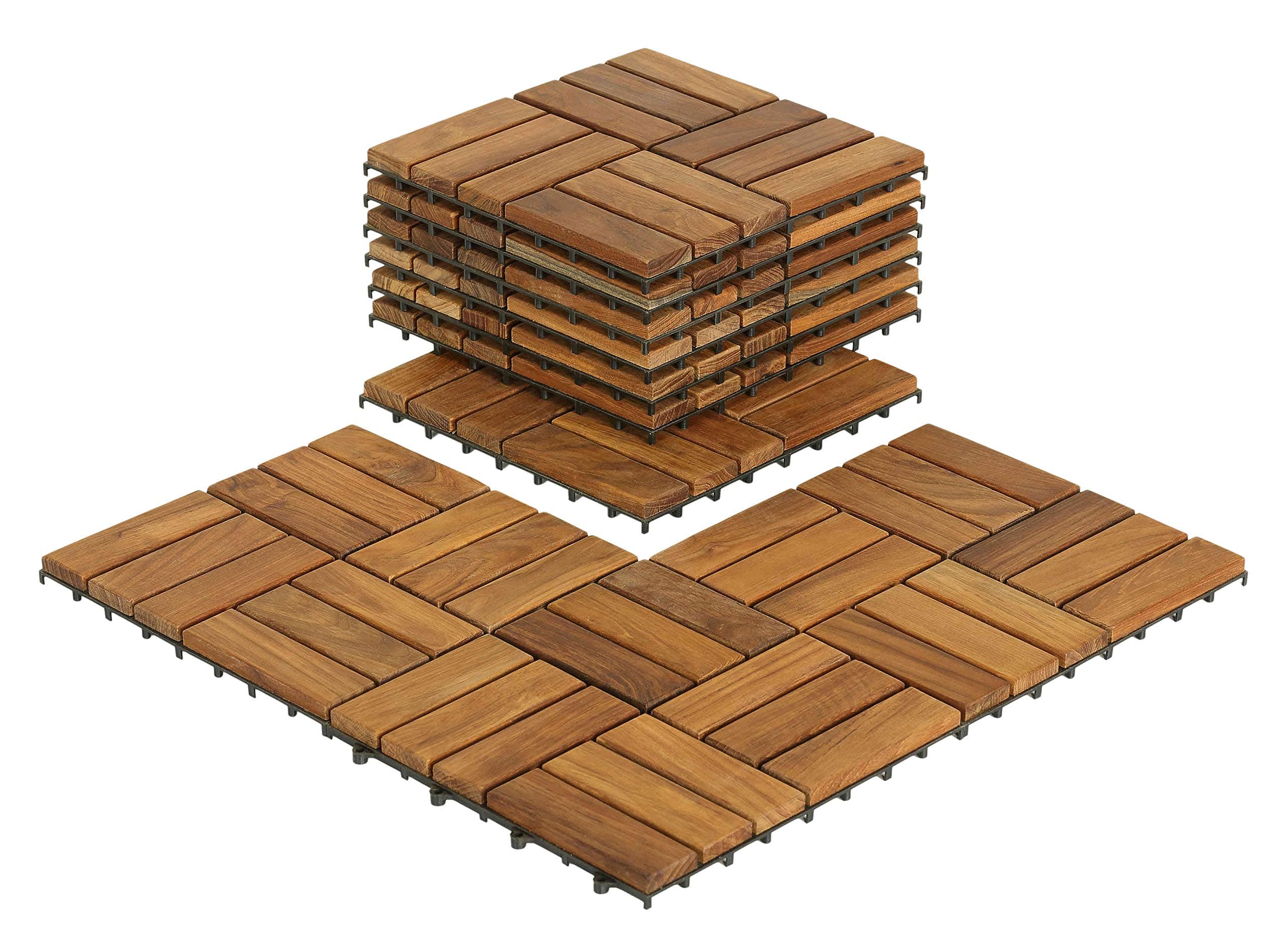 BARE-WF2009 Solid Teak Wood Interlocking Flooring Tiles (Pack of 10), 12" x 12", Brown