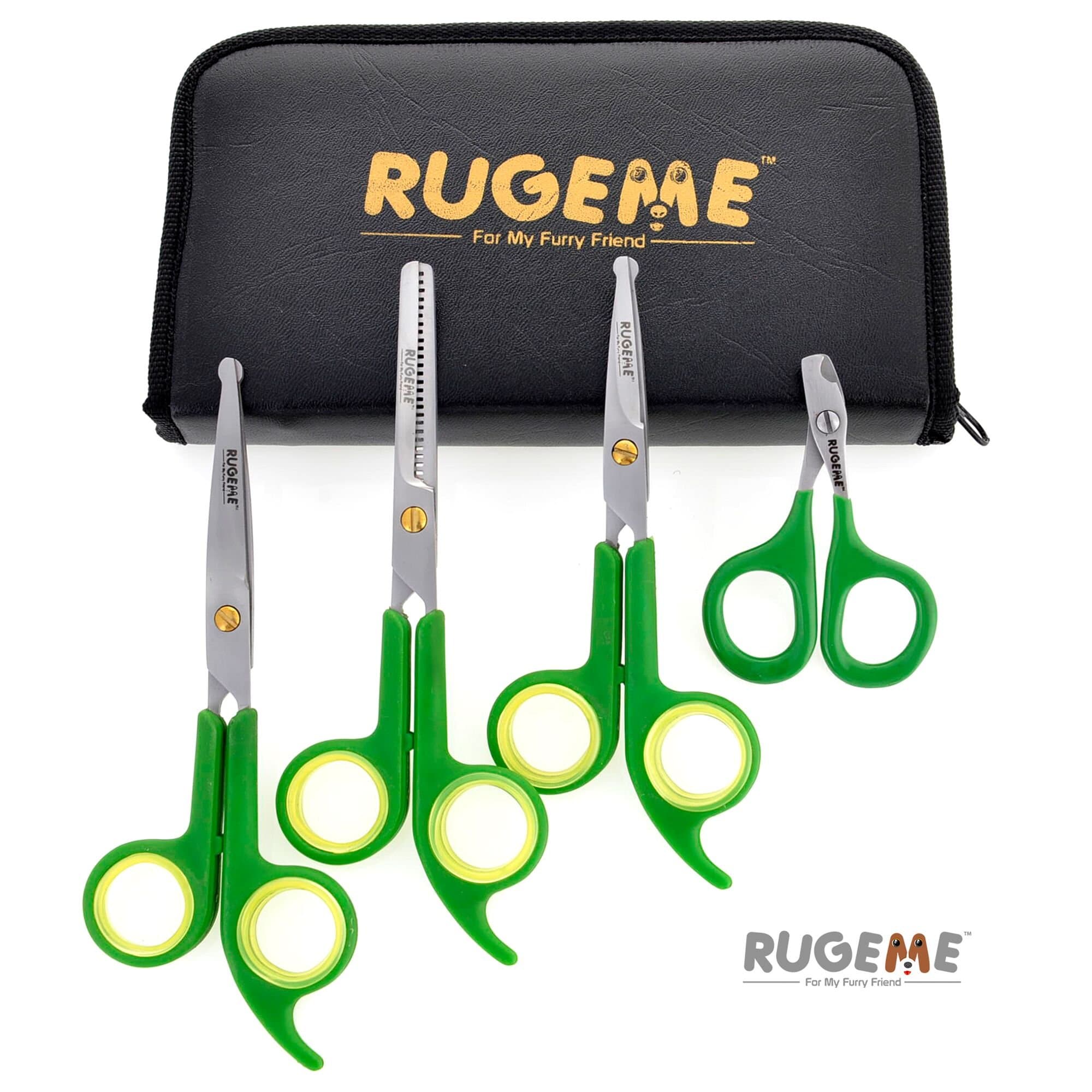 Professional 4 Piece Dog Grooming Scissors Set - Includes; 1 Large Scissor with Smooth Blades, 1 Small Scissor with Micro-serrated Blades, 1 28-Tooth Thinning Shears, & 1 Nail Clipper
