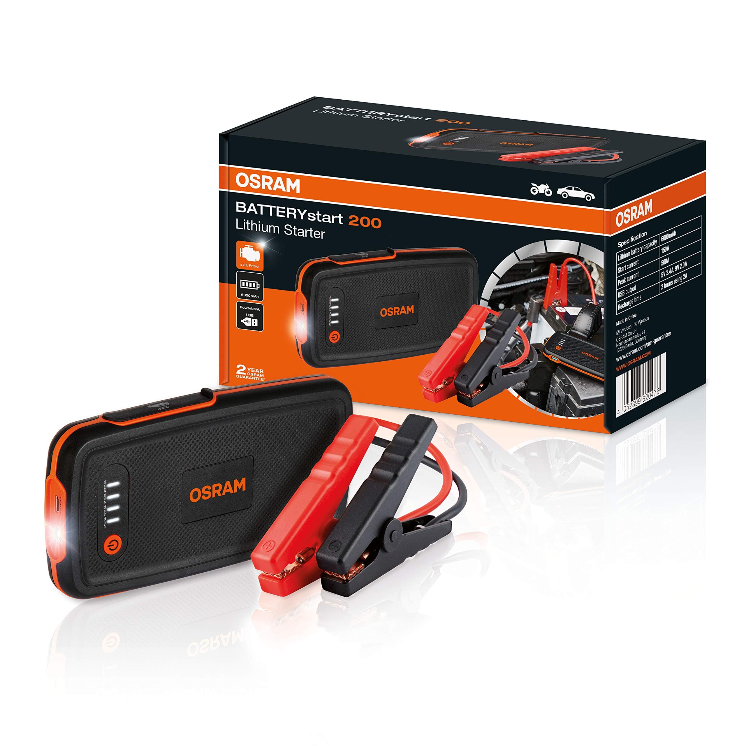 OSRAM Lithium Car Jump Starter with Powerbank 6000mAh, Car Battery Booster Mini, Batterystart200 500A, Compact, for 12V up to 3 l petrol cars, Phone/tablet charger with LED Light