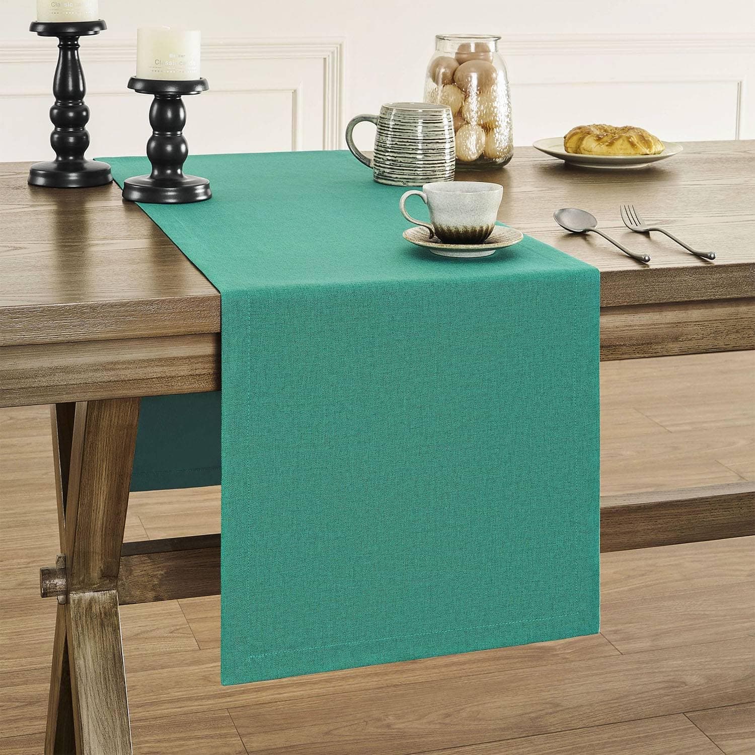 ZeeMart Basic Linen Style Table Runner, 14 x 60 Inch Teal Chambray, Rustic Farmhouse Teal Table Runners 60 Inches Long, Everyday Polyester Table Runner - Machine Washable & Easy Care