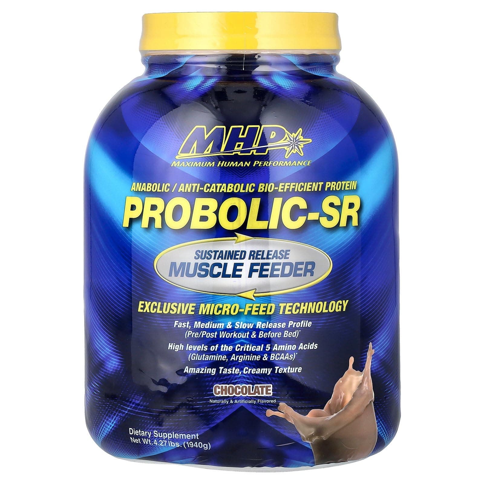 Maximum Human Performance Probolic-SR Sustained Release Protein Powder, 24g Protein, BCAAs, Glutamine, Arginine, Pre-Workout, Post-Workout, Nighttime Protein, 4lbs, 52 Servings, Chocolate