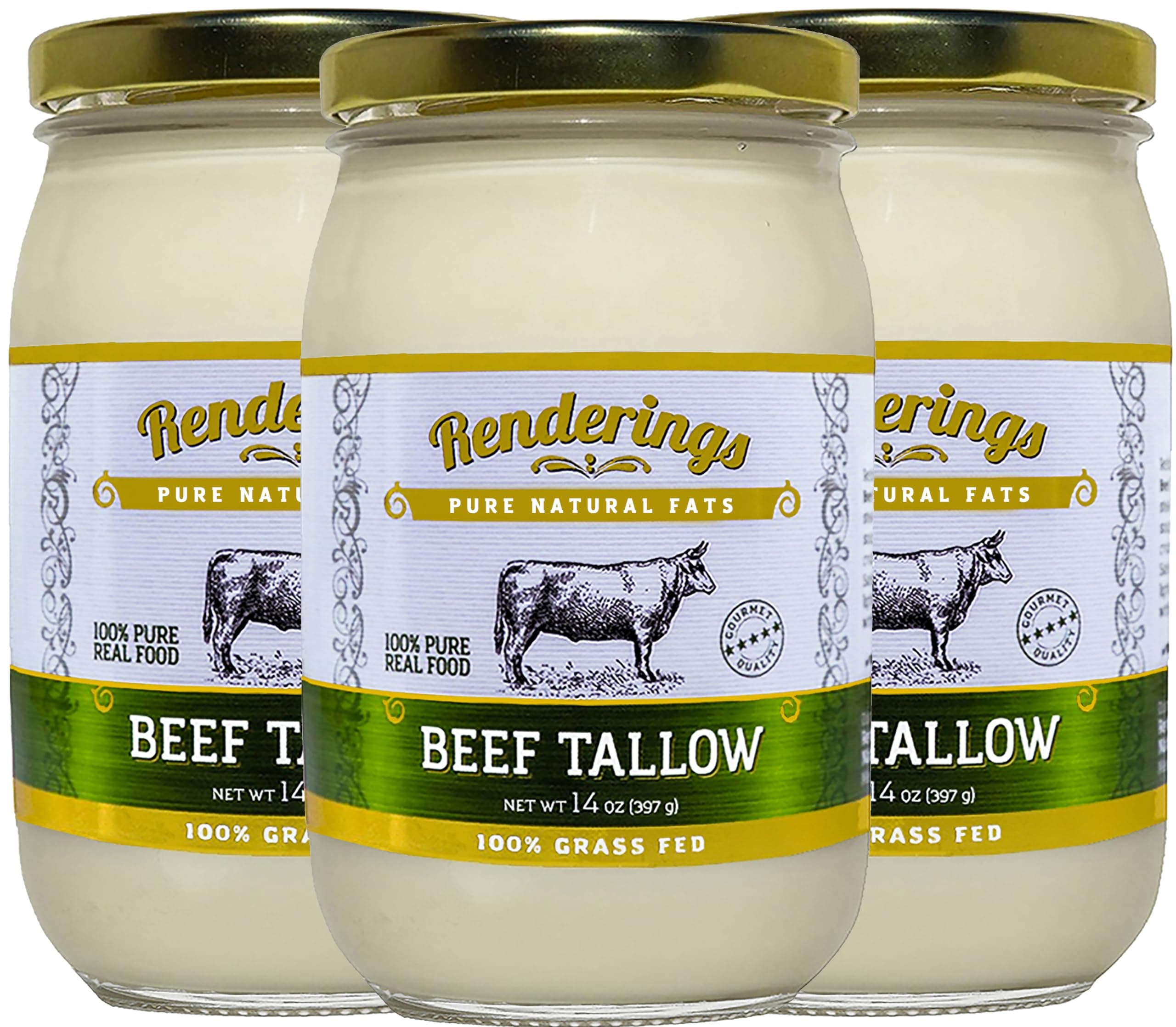 Renderings Beef Tallow, 100% Grass-Fed & Finished, Cooking, Baking and Frying, 14 oz Jar (3-Pack)