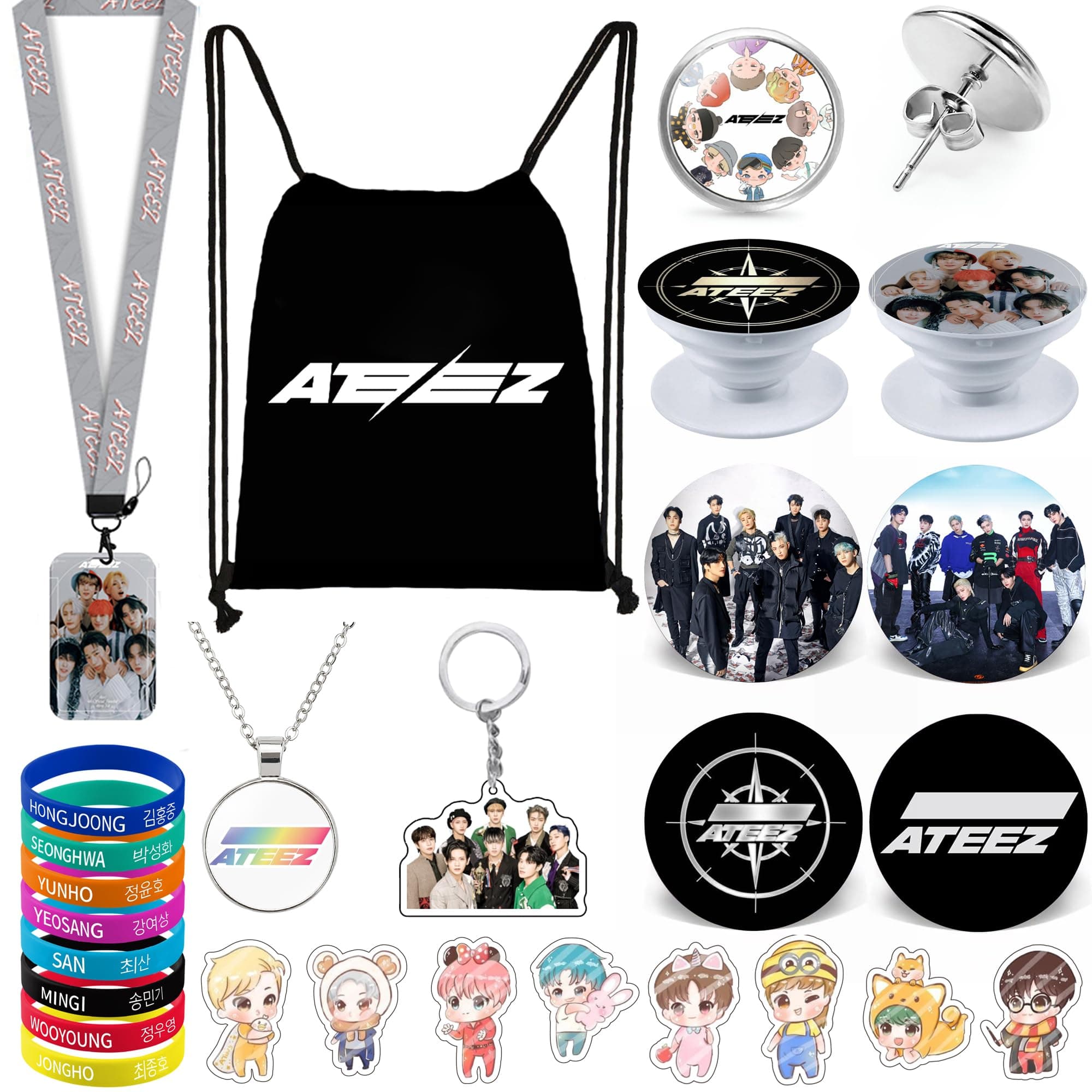 Kpop Gifts Set for Ateez, Including Drawstring Bag Backpack, Necklace, Earrings, Bracelets, Button Pins, Lanyard ID Holder, Keychain, Phone Ring Holder, Cartoon Badge, Large, Stainless Steel, Agate