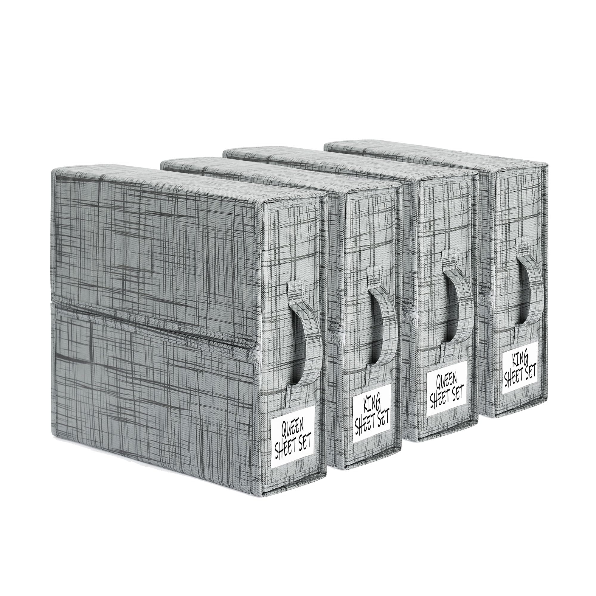 SUOCO SheetCube Bed Sheet Set Organizer 4 Pack (Queen or King Size), Foldable Storage Box for Duvet Cover Set, Linen Closet Organizer for Bedding Clothes Blankets, Grey