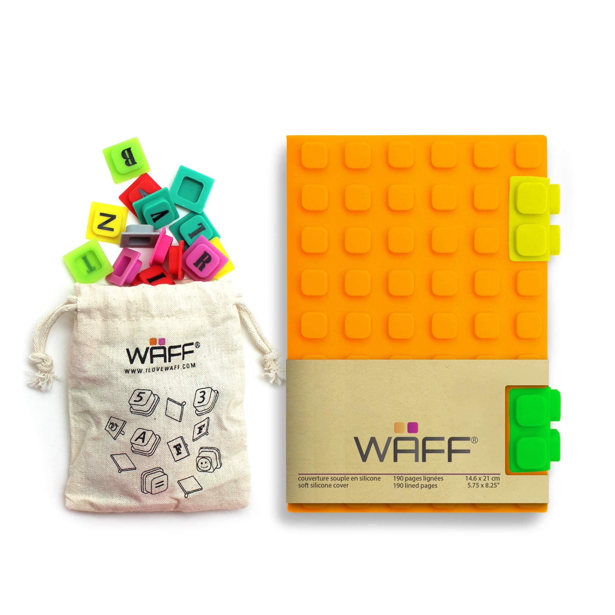 WAFF, Soft Silicone Cube Tiles And Notebook / Journal Combo, Medium, 5.75" x 4" - Orange