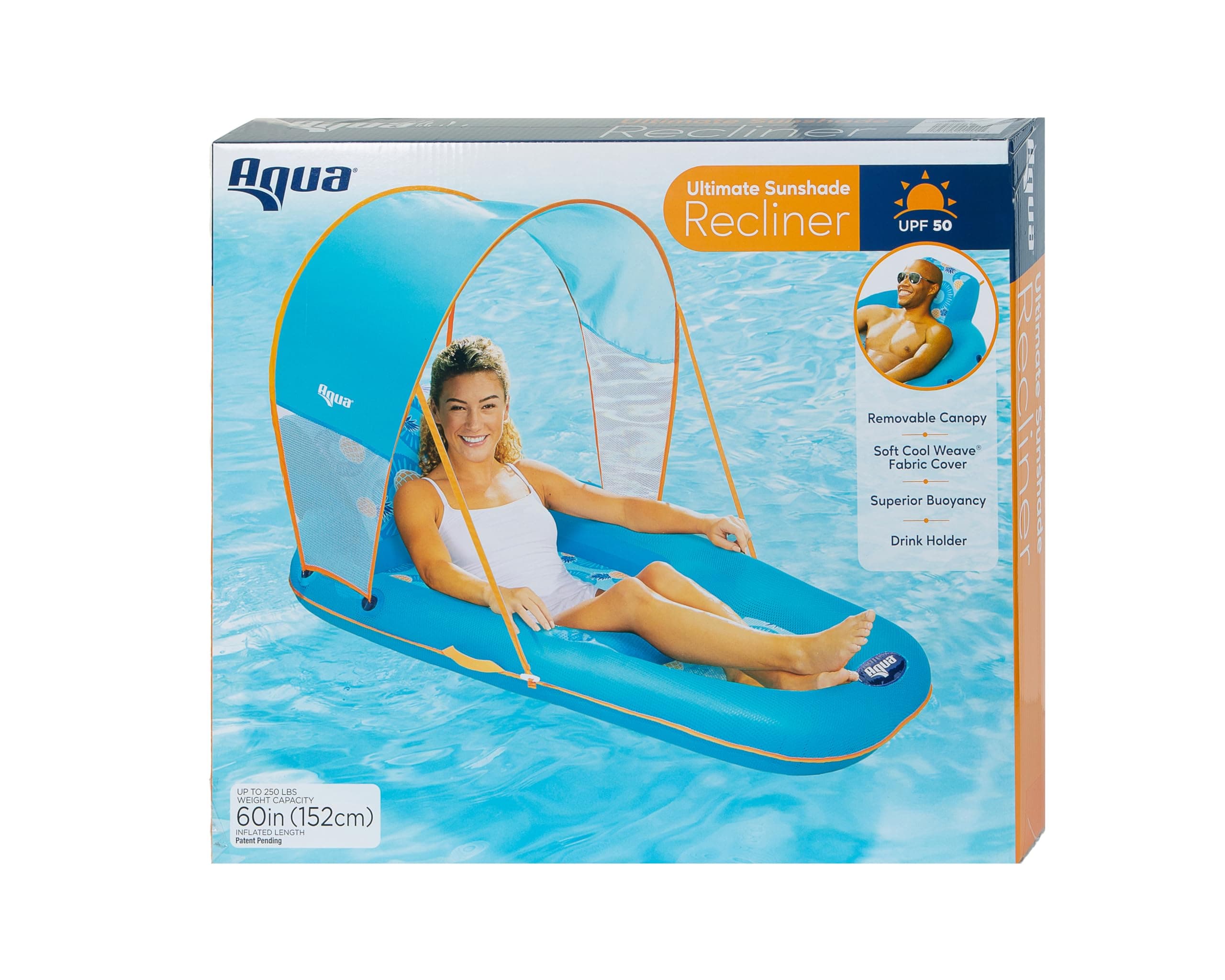 Aqua Pool Float with Canopy, Cup Holder - Oversized Luxury Recliner Swimming Pool Floating Lounger, Heavy Duty with Removable Sun Shade Cover, Drink Holder, Ergonomic Headrest, XL Floating Recliner
