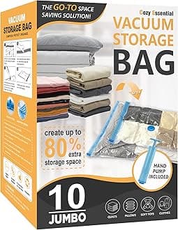 Cozy Essential 10 Jumbo Vacuum Storage Bags, Space Saver Bags Compression Storage Bags for Comforters and Blankets, Vacuum Sealer Bags for Clothes Storage, Hand Pump Included