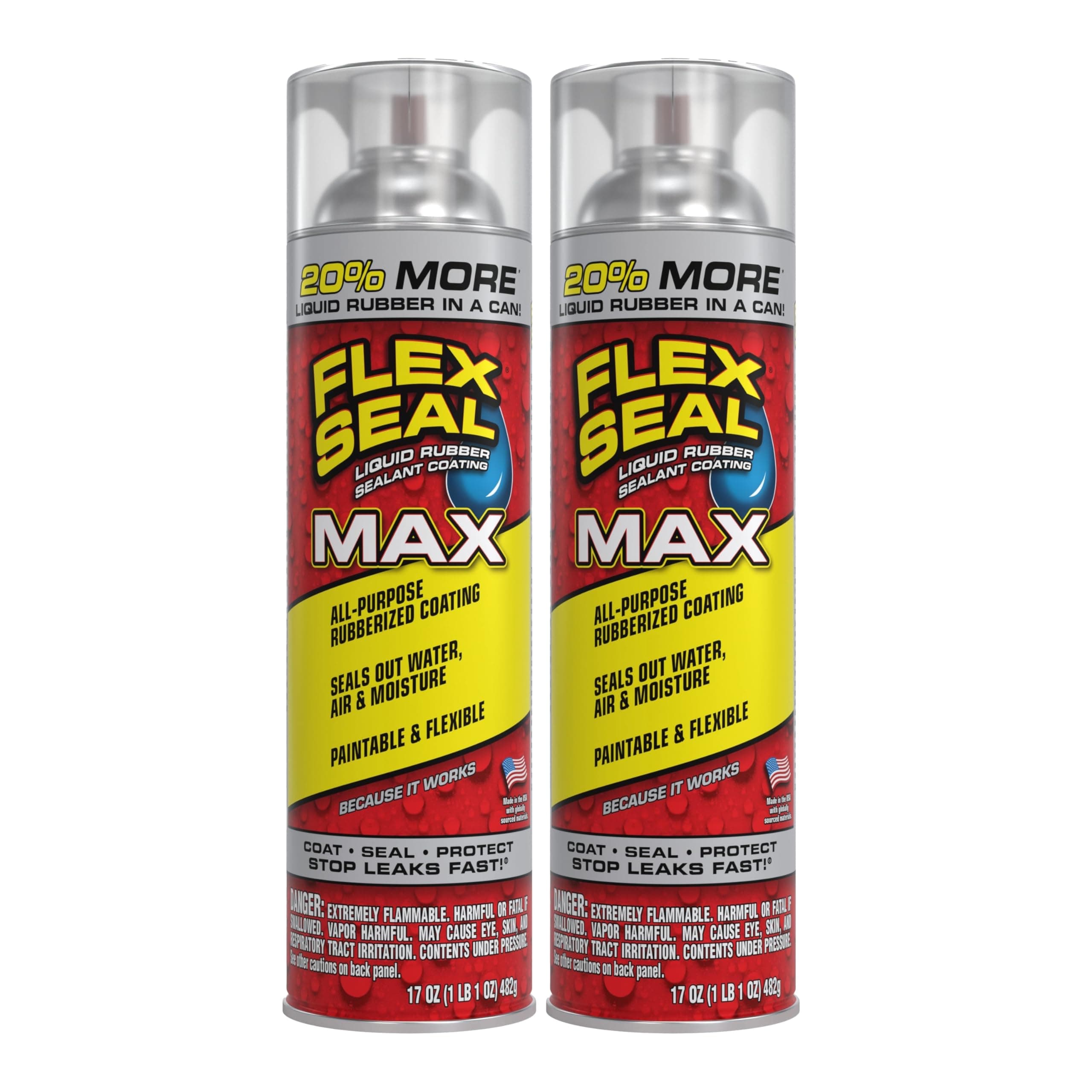 Flex Seal MAX, 17 oz, 2-Pack, Clear, Stop Leaks Instantly, Waterproof Rubber Spray On Sealant Coating, Perfect for Gutters, Wood, RV, Campers, Roof Repair, Skylights, Windows, and More