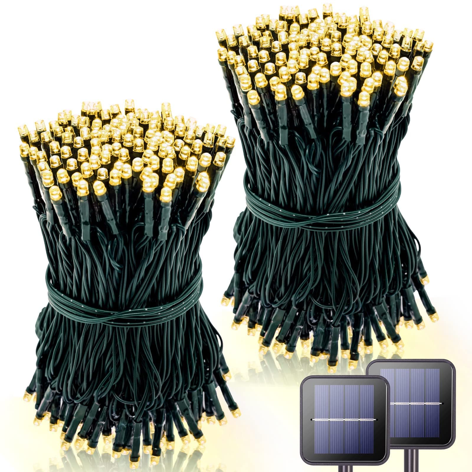 42.7Ft Warm White Solar String Lights Outdoor, 2 Pack Total 200 LED Christmas Lights Ourdoor Waterproof, 8 Modes Solar String Lights for Outside Tree Patio Yard Wedding Garden Decorations