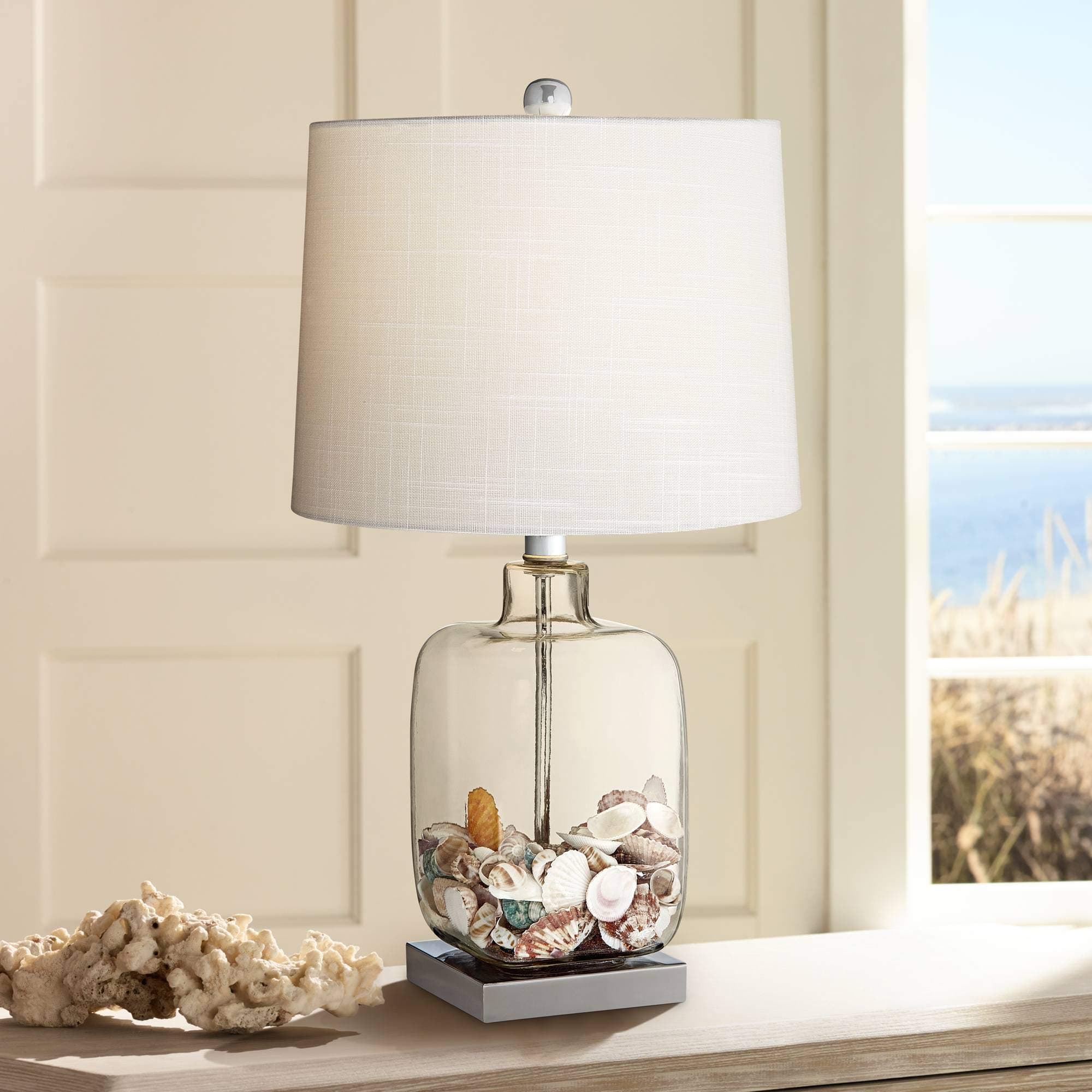 360 Lighting Coastal Accent Table Lamp 21 3/4" High Brushed Steel Silver Clear Glass Fillable White Drum Shade Decor for Living Room Bedroom House Bedside Nightstand Home Office Family