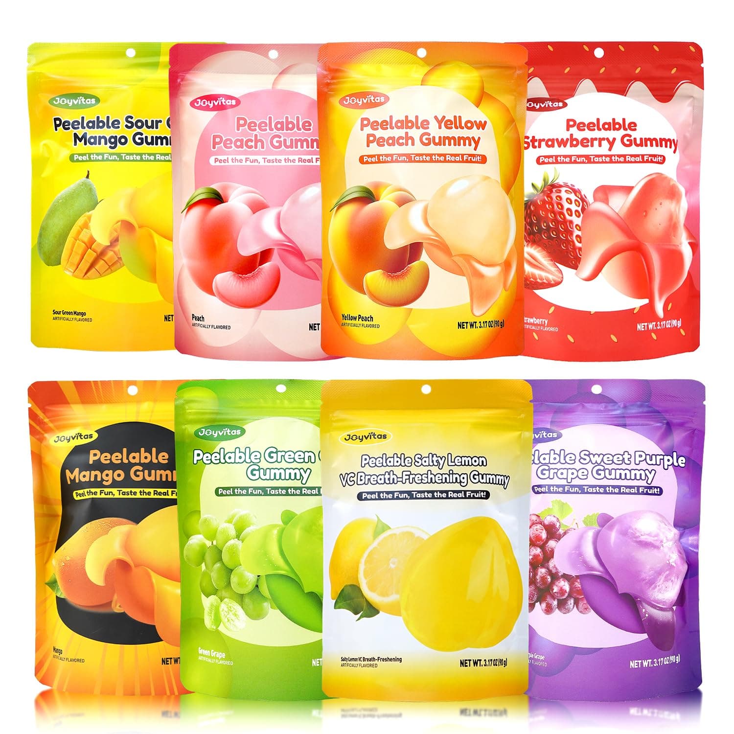 Peelable Gummy Mix Fruit Candy – Individually Wrapped Tropical Variety Pack, Low Sugar & Low Calorie, Ideal New Year Treats & Party Snacks, Resealable 8 Pack (25.4oz, Mango, Peach, Lemon, Grape & Strawberry)