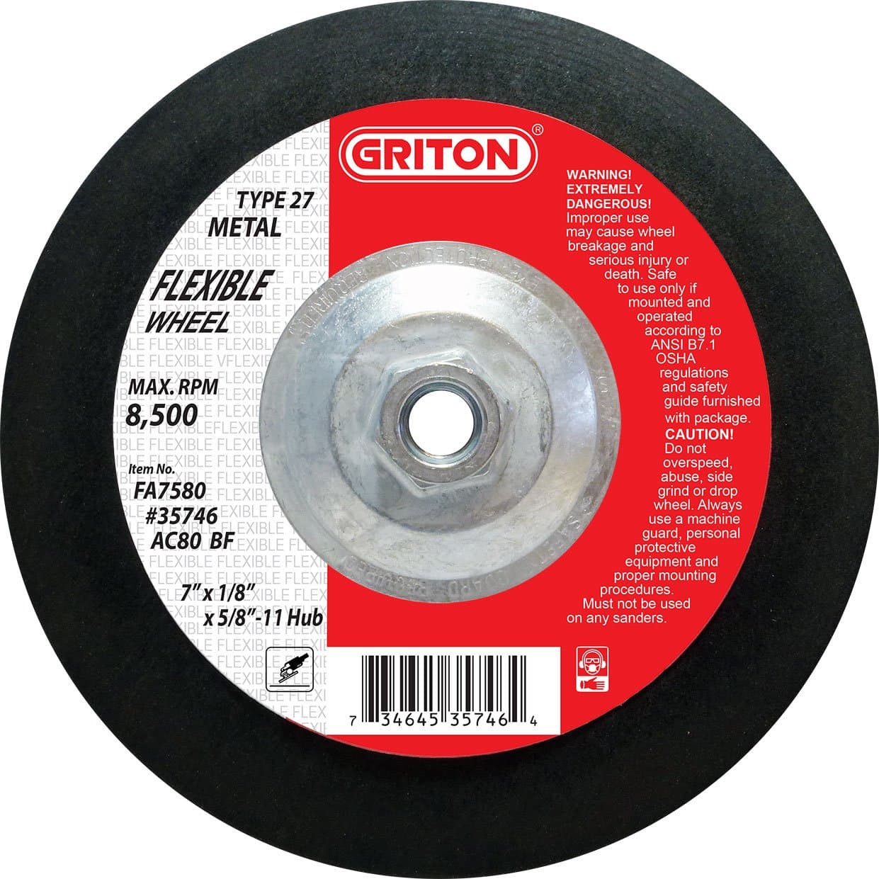 Griton FA7580 Type 27 Flexible Surface Preparation Wheel Used on Metal, Aluminum and Stainless Steel with Hub, Aluminum Oxide/Silicon Carbide, 8500 RPM, 7" Diameter (Pack of 10)