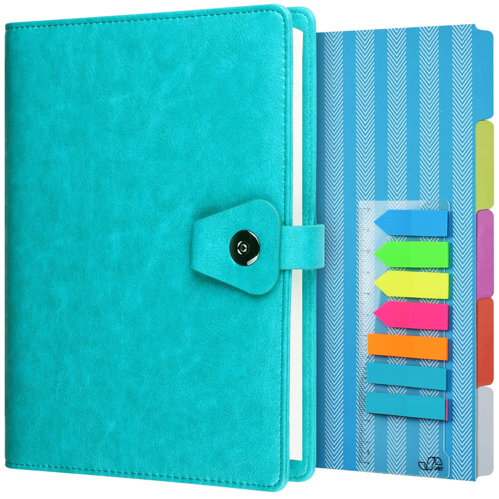 A5 Binder Journal, Refillable 6 Ring Organizer Planner Leather Business Writing Notebook, Ruled Hardcover Diary Notebook with Divider page and Index stickers-blue