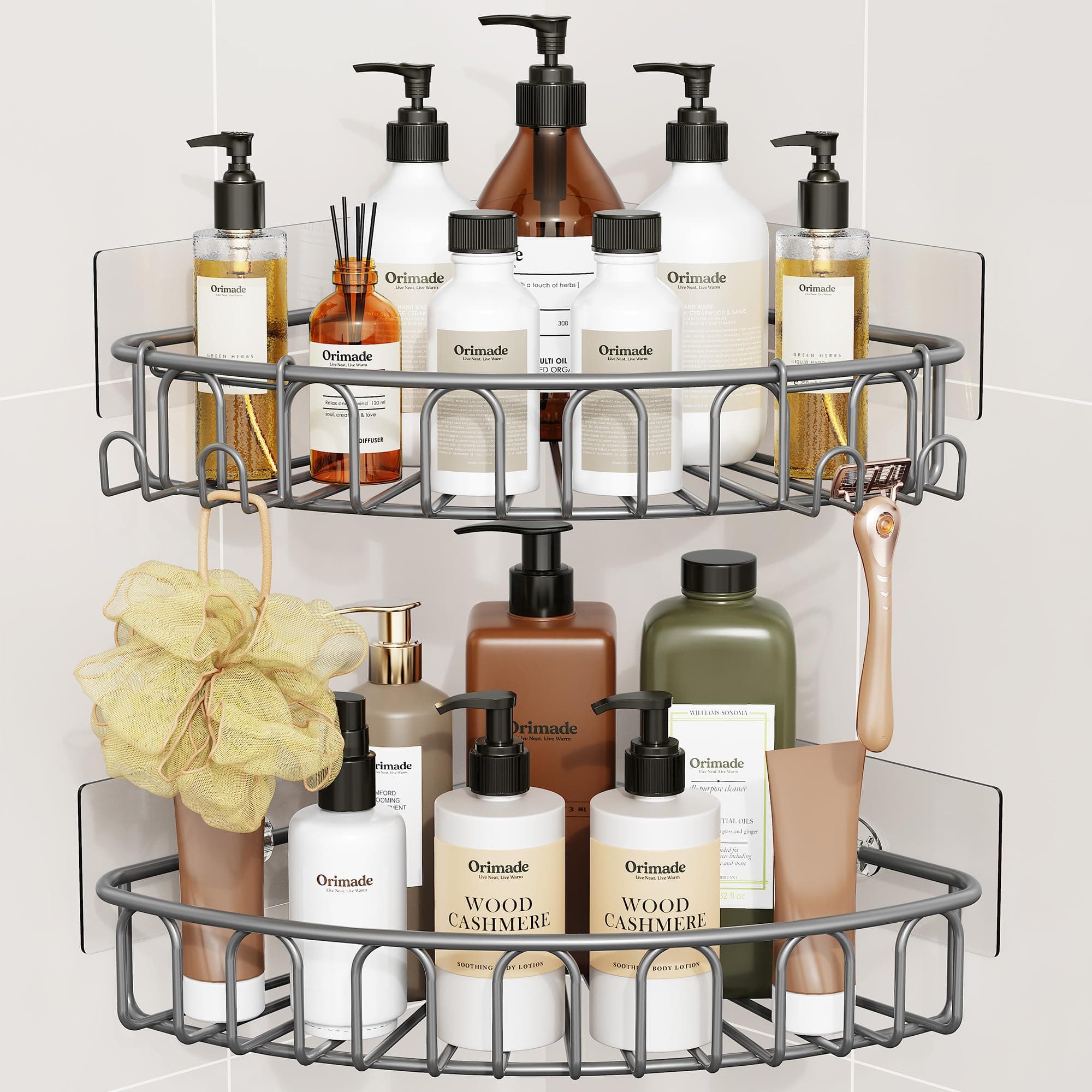 Orimade Corner Shower Caddy with 2 Hooks Wall Mounted Metal Bathroom Shelf Storage Organizer Adhesive No Drilling 2 Pack, Grey Only for 90-Degree Corner