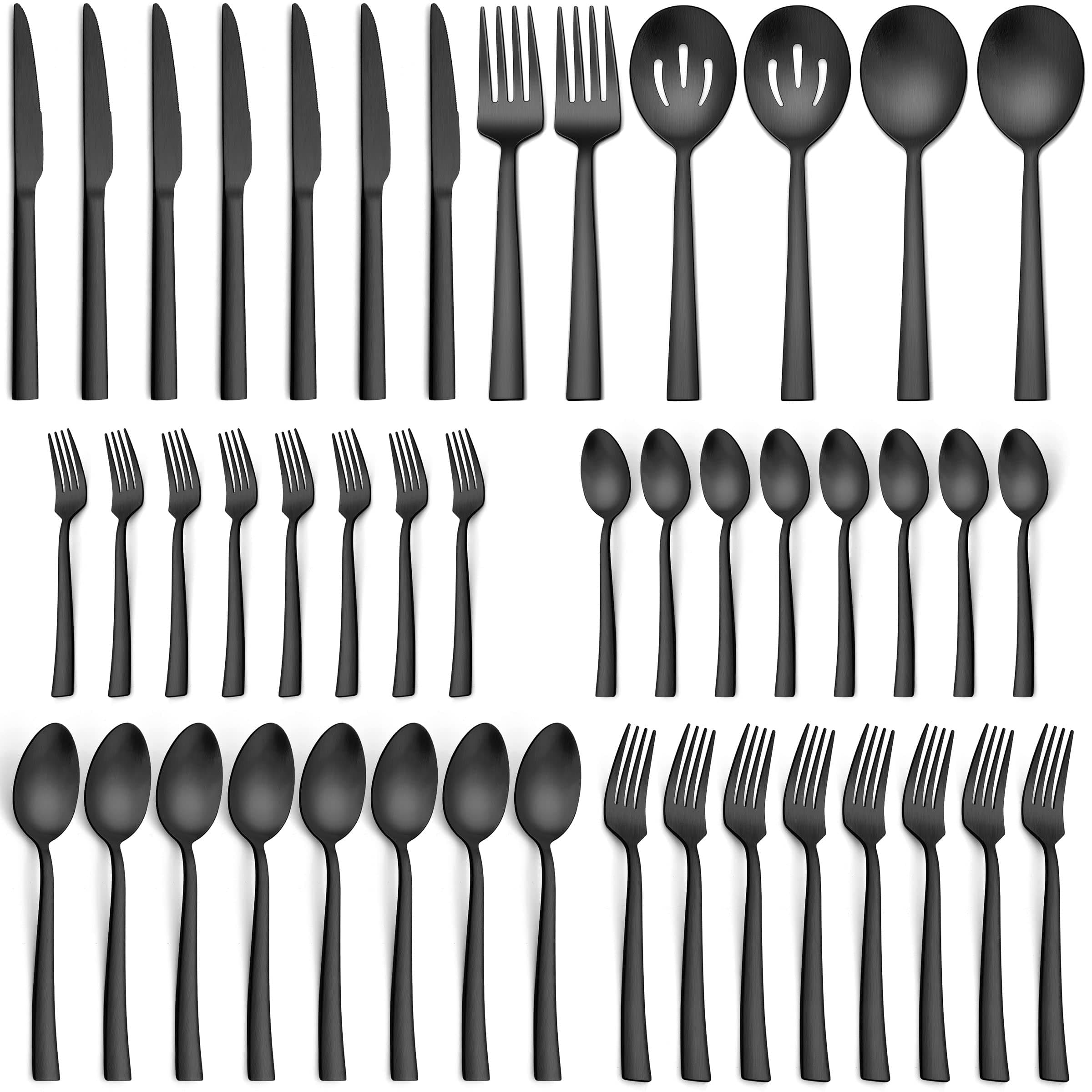 46-Piece Matte Black Silverware Set with Serving Utensils, Stainless Steel Square Flatware, Modern Tableware Cutlery Set with Serving Pieces for Catering Banquet, Dishwasher Safe, Satin Finish