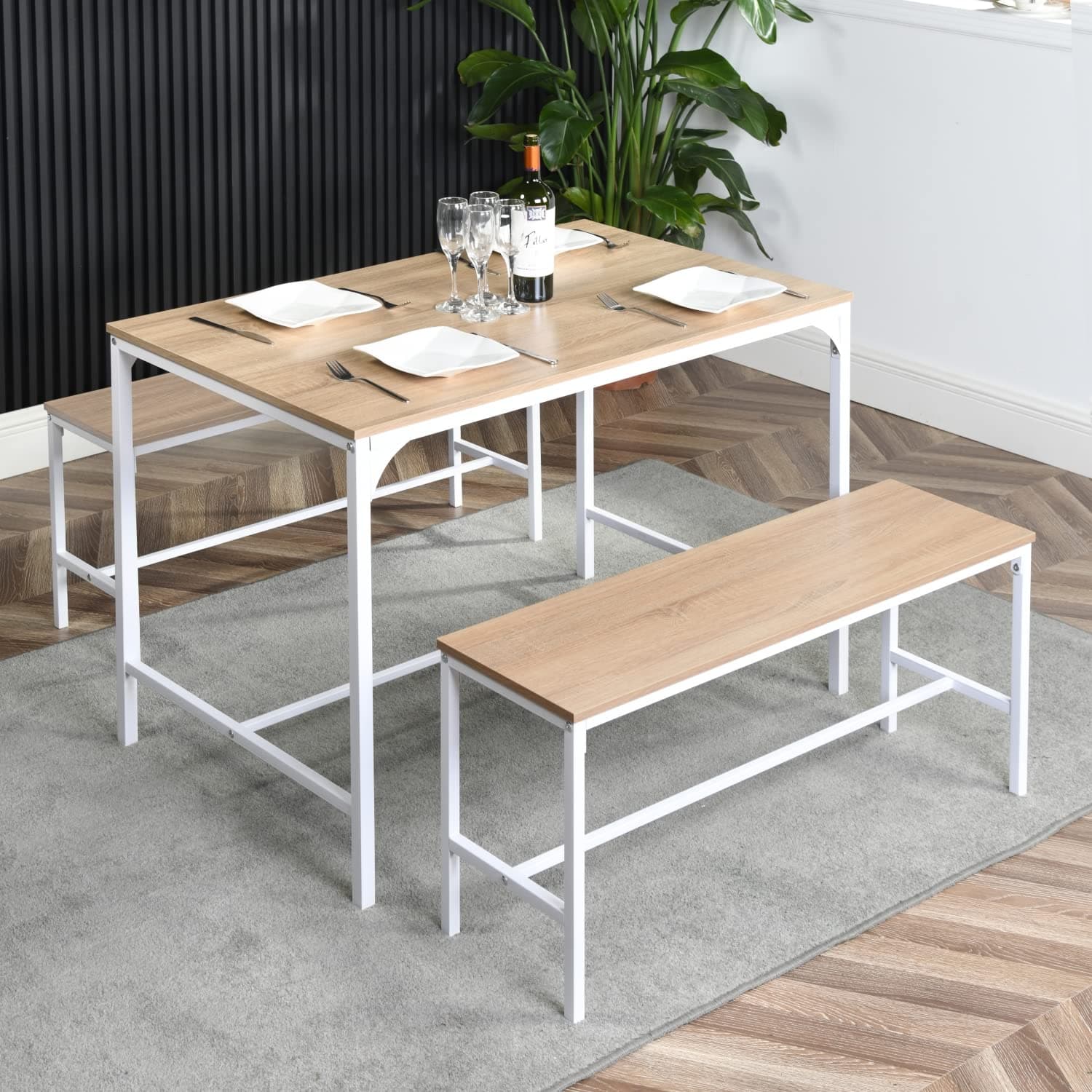 H.J WeDoo Dining Table with 2 Benches, 3 Piece Dining Room Set for Home Kitchen, Breakfast Table Chair Set, Metal Frame, Industrial Design, Oak & White