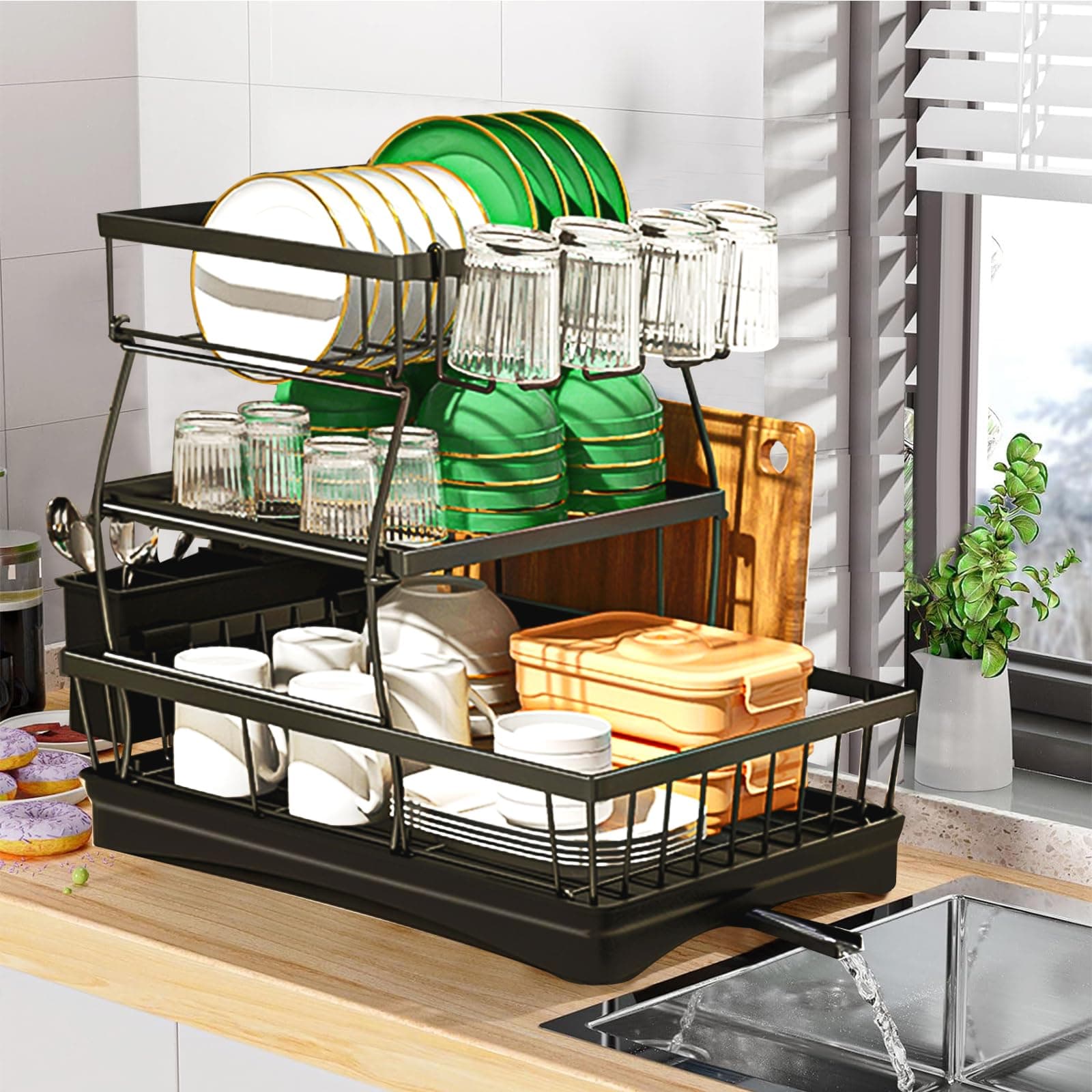 Yoawllty Dish Rack, 3 Tier Dish Drying Stand with Drain Board, Dish Drainer for Kitchen Organization, Detachable Large Capacity Dish Drainer Organizer