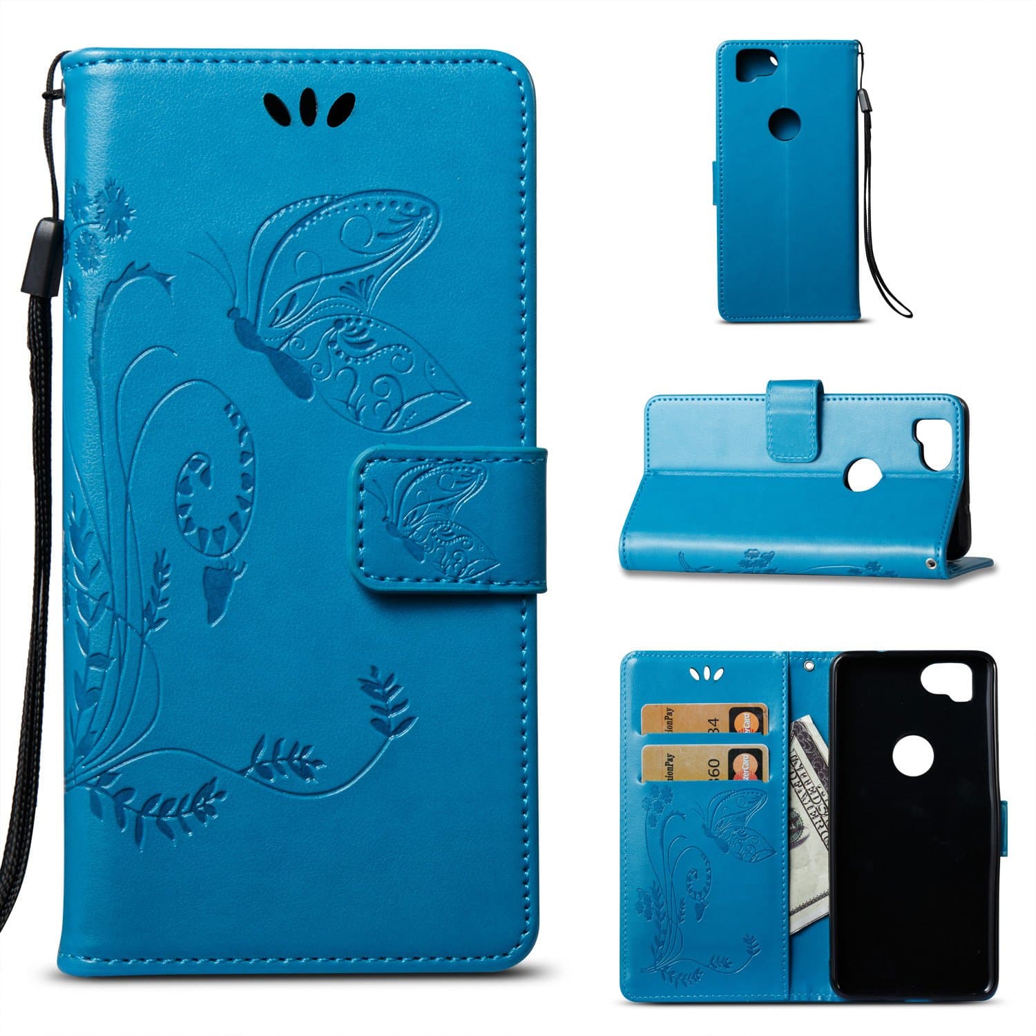 For Google Pixel 2 Case,Google Pixel 2 Flip Case, Ecoway PU Leather Embossed Flower Butterfly Design Practical Multifunction Anti Scratch Flip Case Stand Function Card Holder and ID Slot Case Cover Protective Cases for Google Pixel 2 - blue