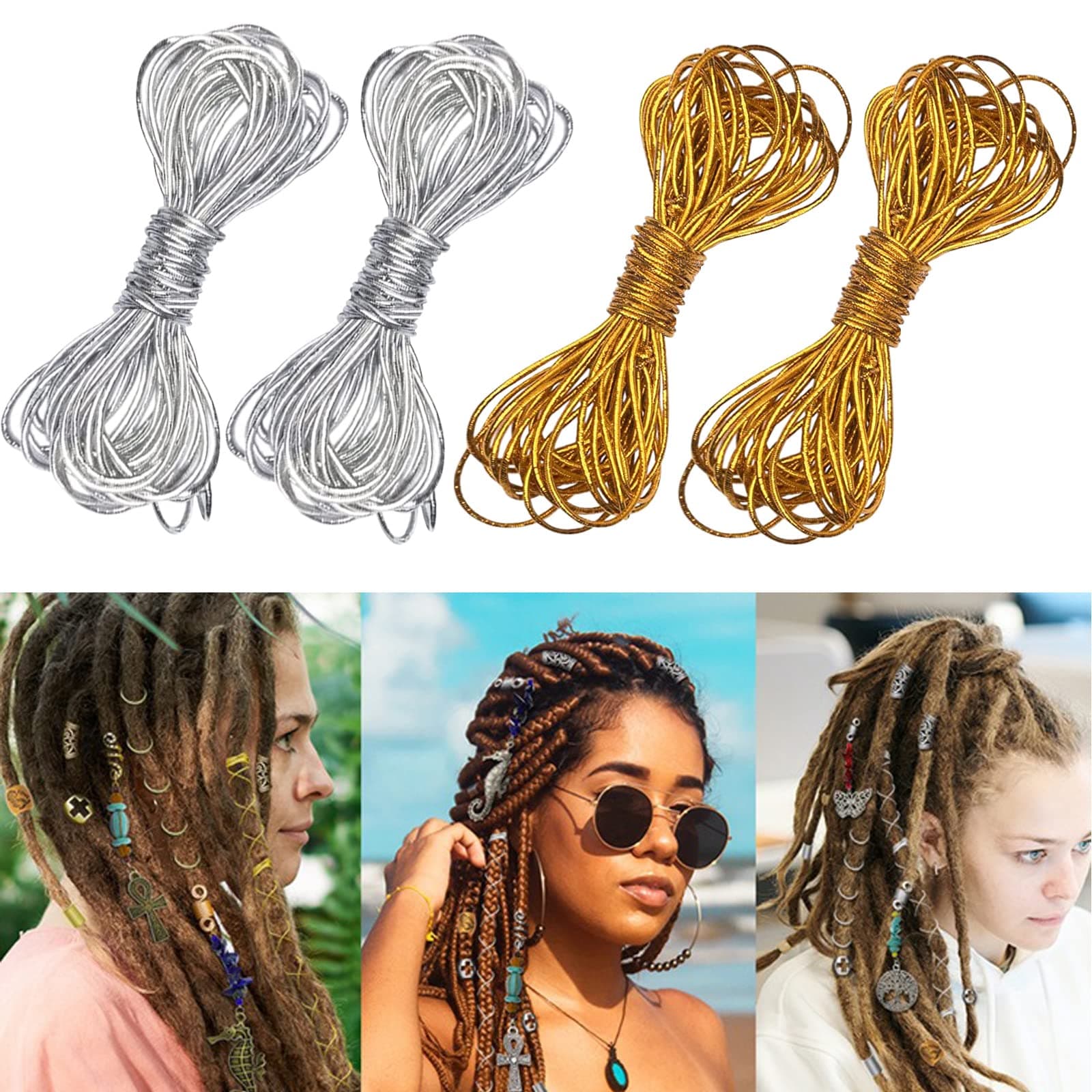 4 Pack 5M Metallic Tinsel Elastic Cords Dreadlock Braiding Rope for Hair Braiding, Ornament Hanging, Decorating, Gift Wrapping (Gold and Silver)