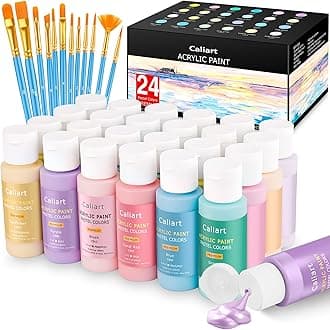 Caliart Pastel Acrylic Paint Set with 12 Brushes, 24 Pastel Colors (59ml, 2oz) Art Craft Paint for Artists Students Kids Beginners & Hobby Painters, Canvas Ceramic Wood Rock Painting Supplies Kit
