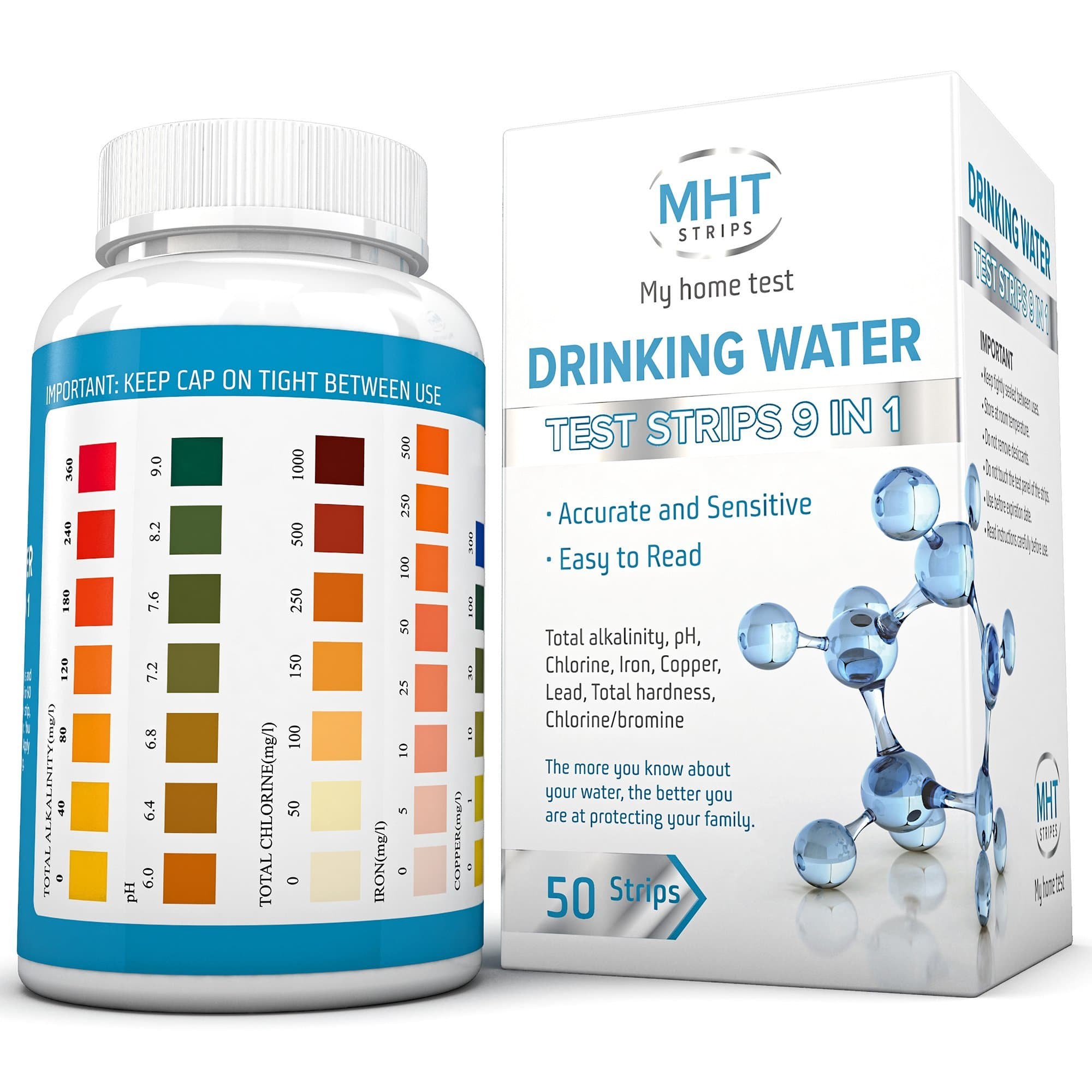 Drinking Water Test Strips 9 in 1 by MHT - Drinking Water, Ponds, Aquariums, Test in Seconds for Total Chlorine, Alkalinity & pH, Metals