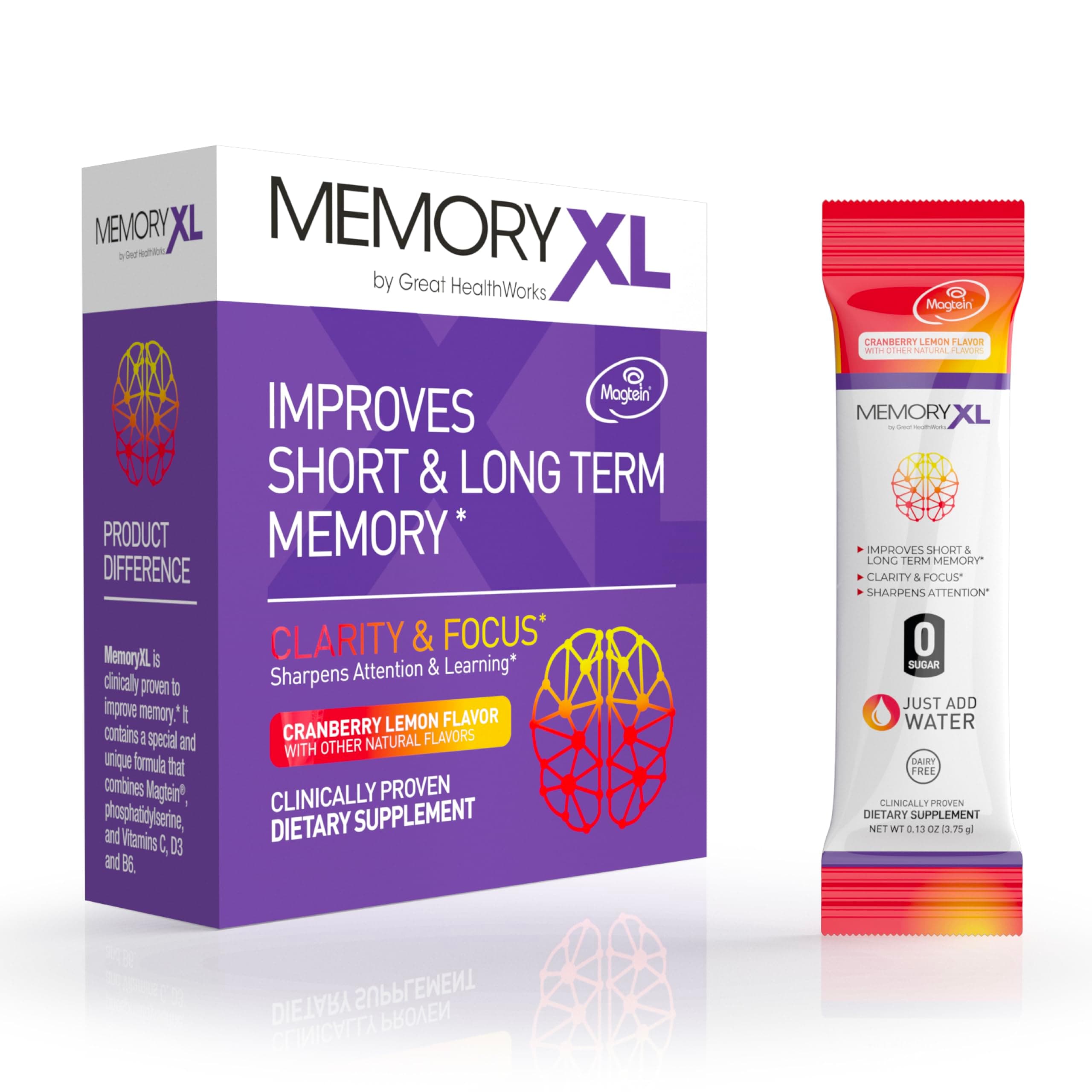 - MemoryXL, Magnesium L-Threonate: Brain Supplement for Memory & Focus; Magtein®, Phosphatidylserine, Vitamin Mix. Improves Memory Focus Attention Learning & Logic. 0 Sugar, 0 cal, 30pk Cranberry Lemon