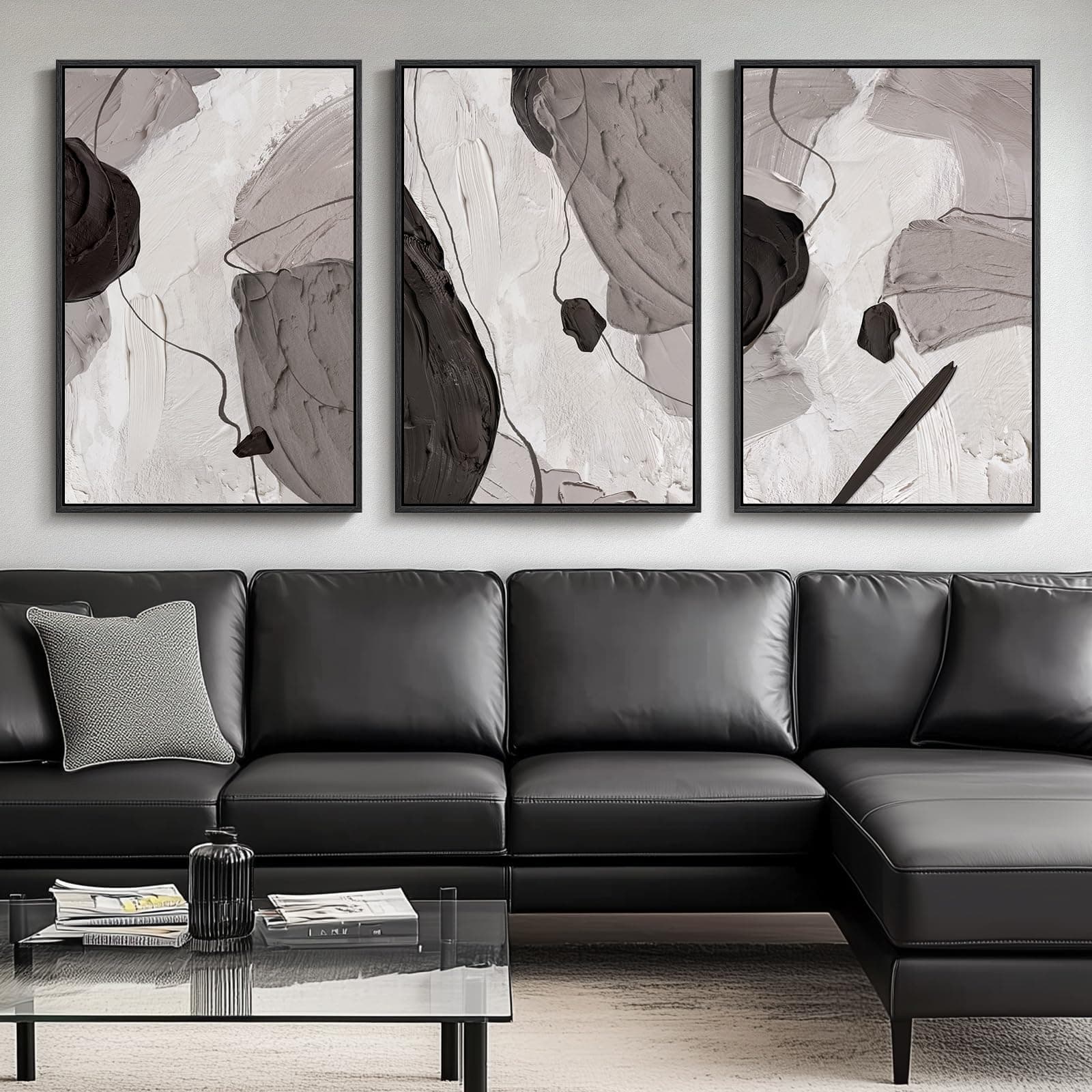 VAN GOGH ART Framed Black and White Grey Abstract Wall for Living Room, Canvas work for Walls, 3 Piece Minimalist Textured Prints, Large Paintings Pictures for Office Wall Decor Set of 3 -Total 36" x