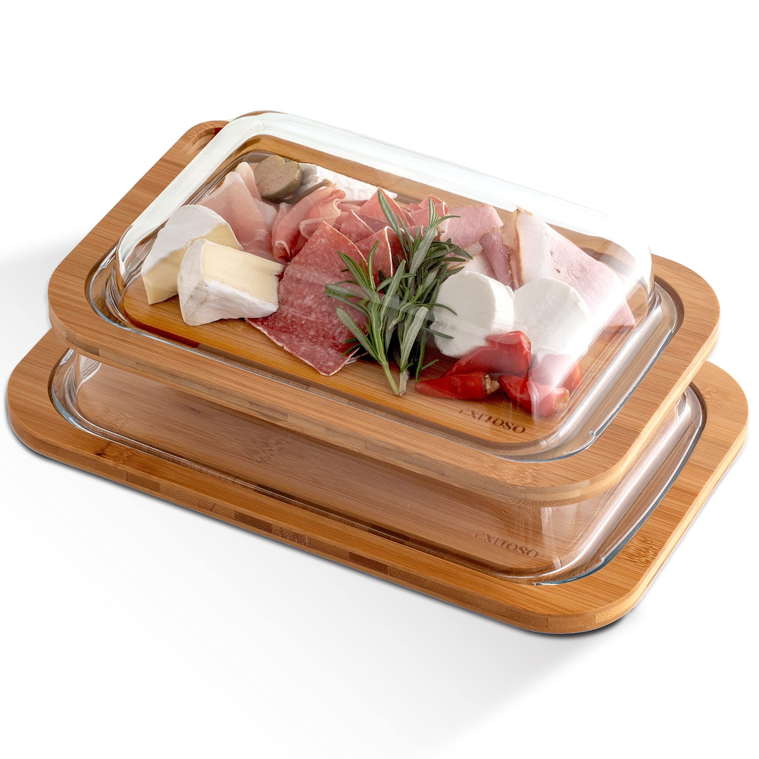 Exitoso Serving Boards Glass Bamboo Wood Spreading Box Set