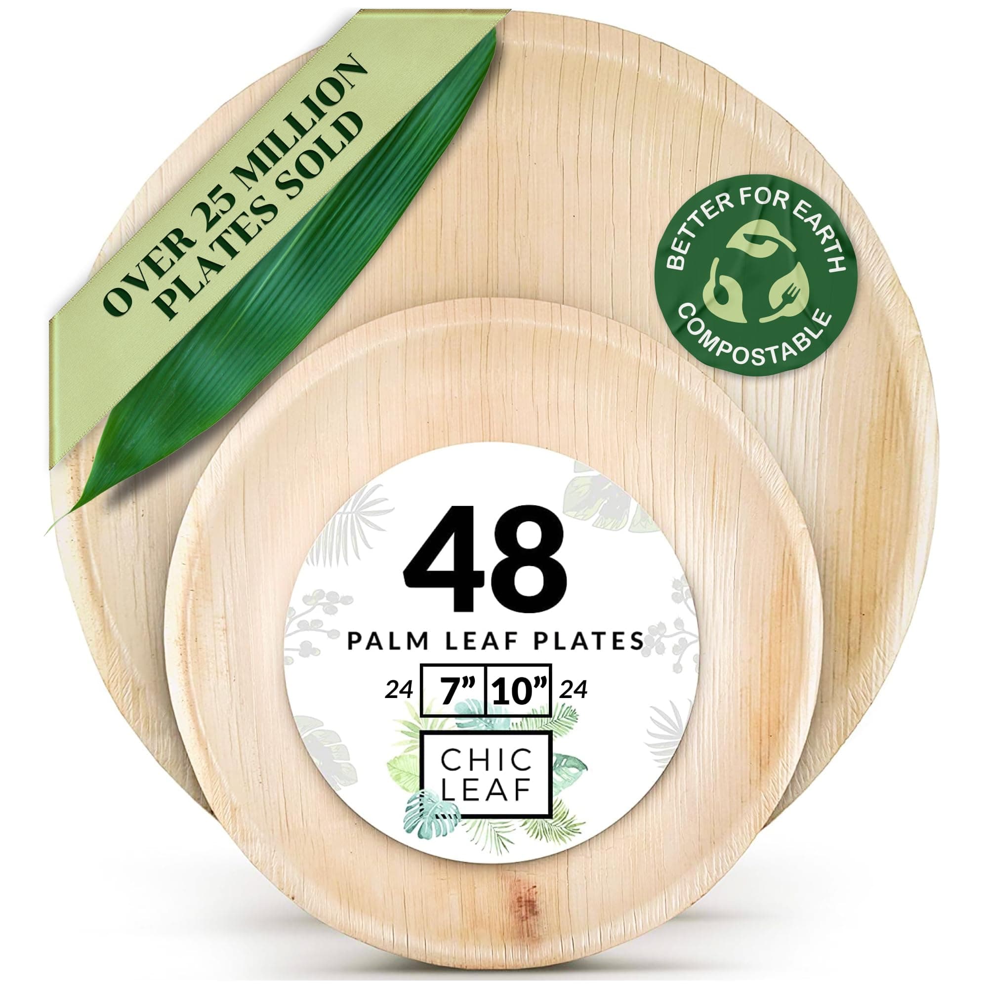 Chic Leaf Round Palm Leaf Plate Set - 48 Pack, 25.4cm & 17.8cm - Party Tableware for Events - Disposable Plates - Lightweight & Portable Picnic & Camping Dishware