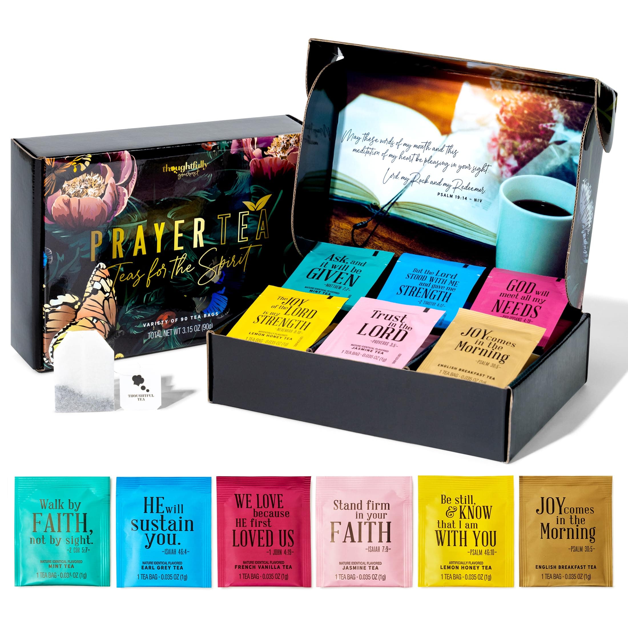 Thoughtfully, Tea Affirmations Christian Prayer Gift Set for Women, Religious Tea Gift with 6 Flavors and Bible Verses from Psalms and Other Books to Rejoice, Mother's Day Pack of 90