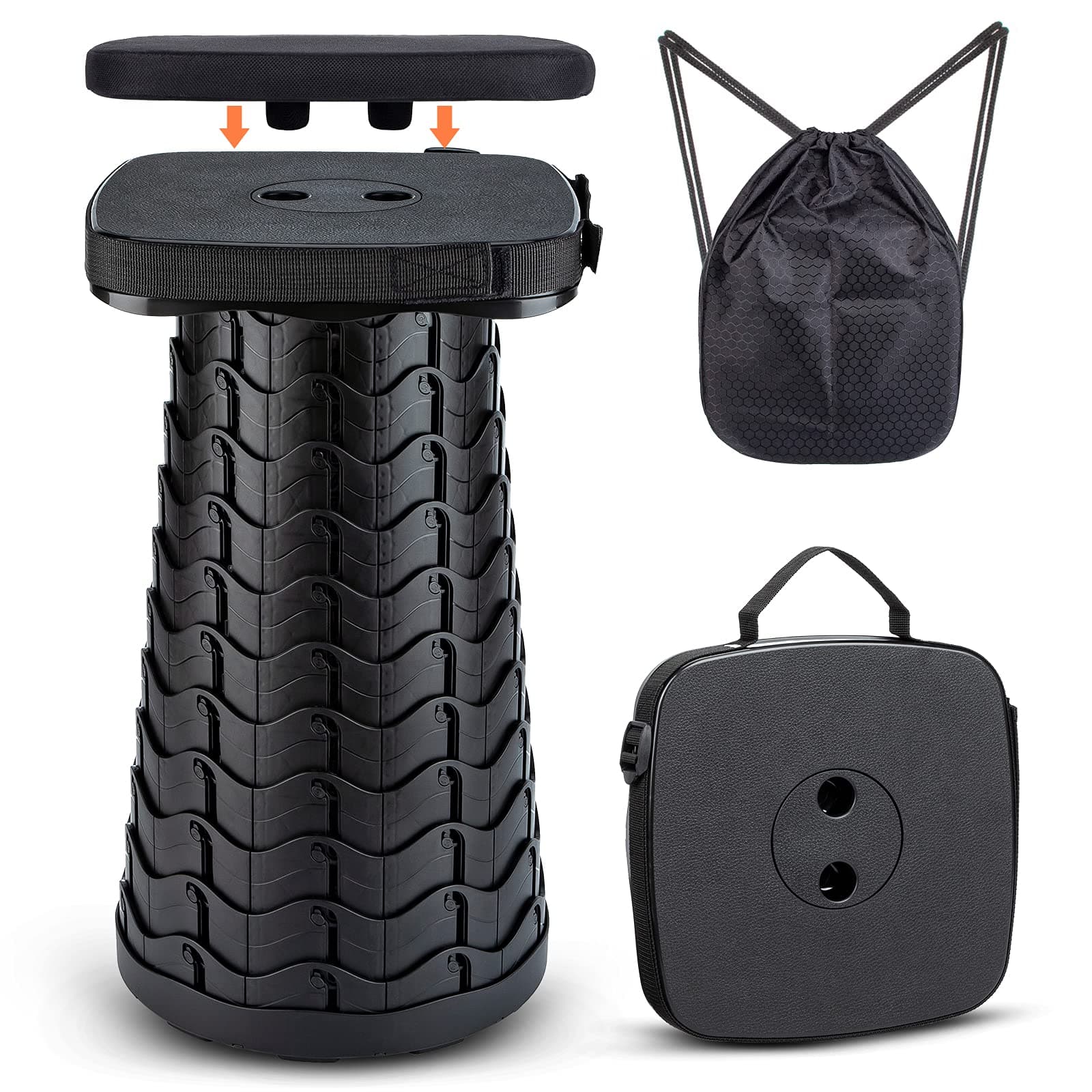 Folding Camping Stool, Square Collapsible Portable Stool with Seat Cushion & Nylon Bag, Sturdy Lightweight Telescoping Foldable Stool for Adults Camp, Max Load 550lb (Black)