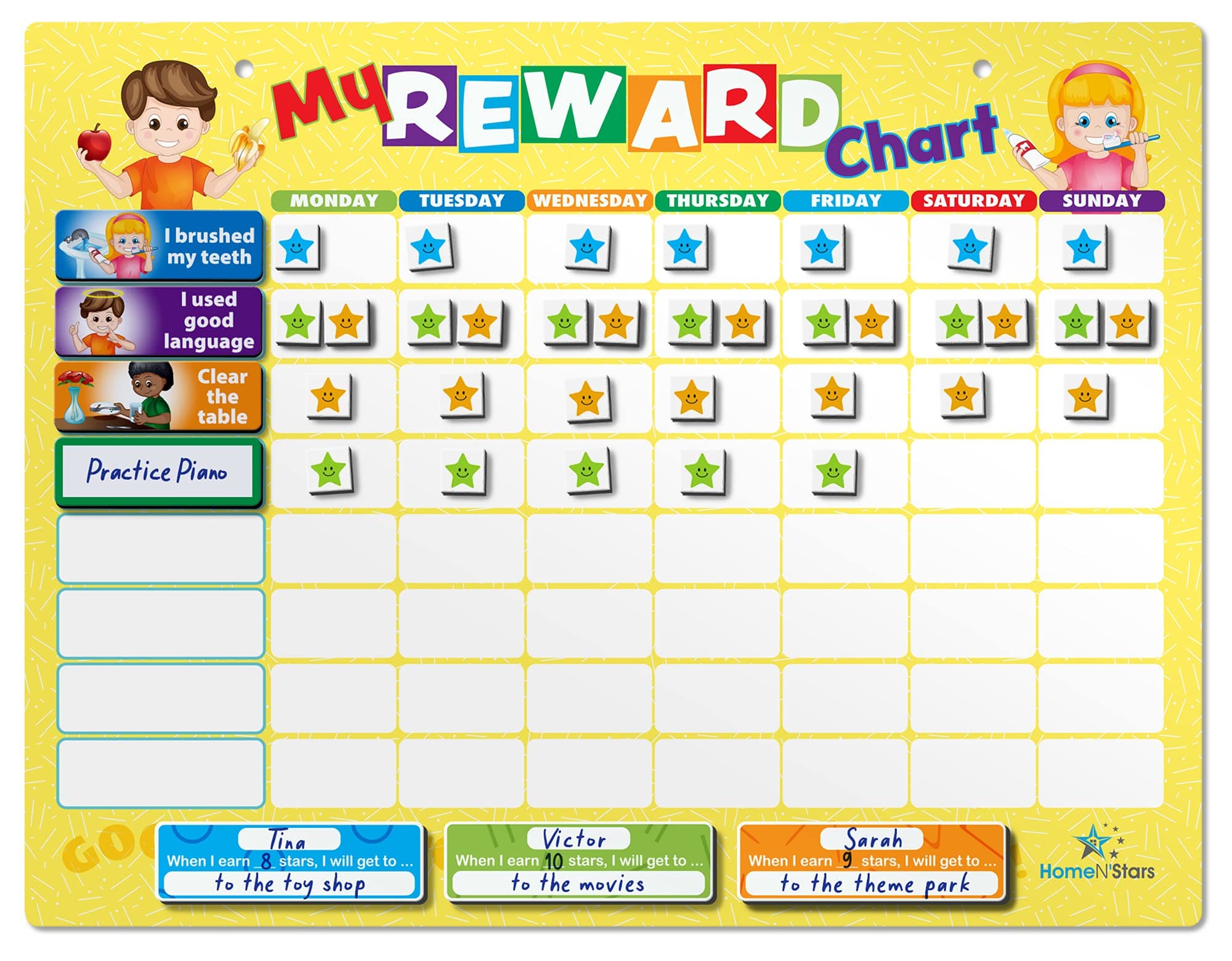 Behavior Chart for Kids, Reward Chart for Kids, Responsibility Chart, Customize or Choose from 60 Illustrated Chores/Behaviors, Up to 3 Children, 13”x17”