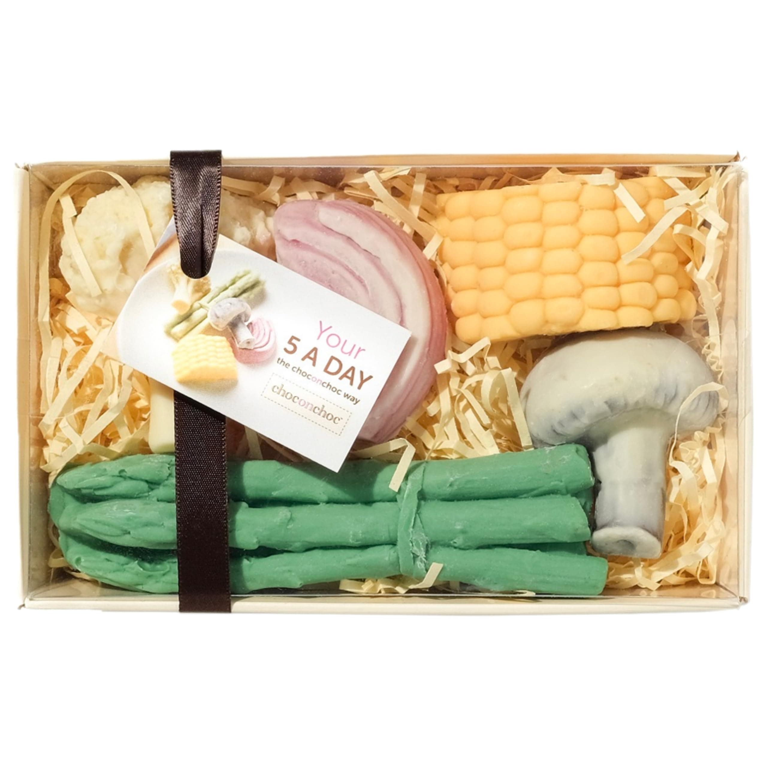 Choc on Choc Chocolate Vegetables 5 a Day Gift Box | Handmade Solid White and Dark Chocolate Onion, Mushroom, Asparagus, Cauliflower & Corn, Natural Colors, Fun Novelty Gift - 100g
