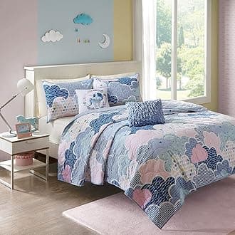 Kids Reversible Cotton Quilt Set - Vibrant Fun, Playful Print, All Season Children Bedding Coverlet Bedspread, Decorative Pillow, Bedroom Décor, Twin, Cloud Blue 4 Piece