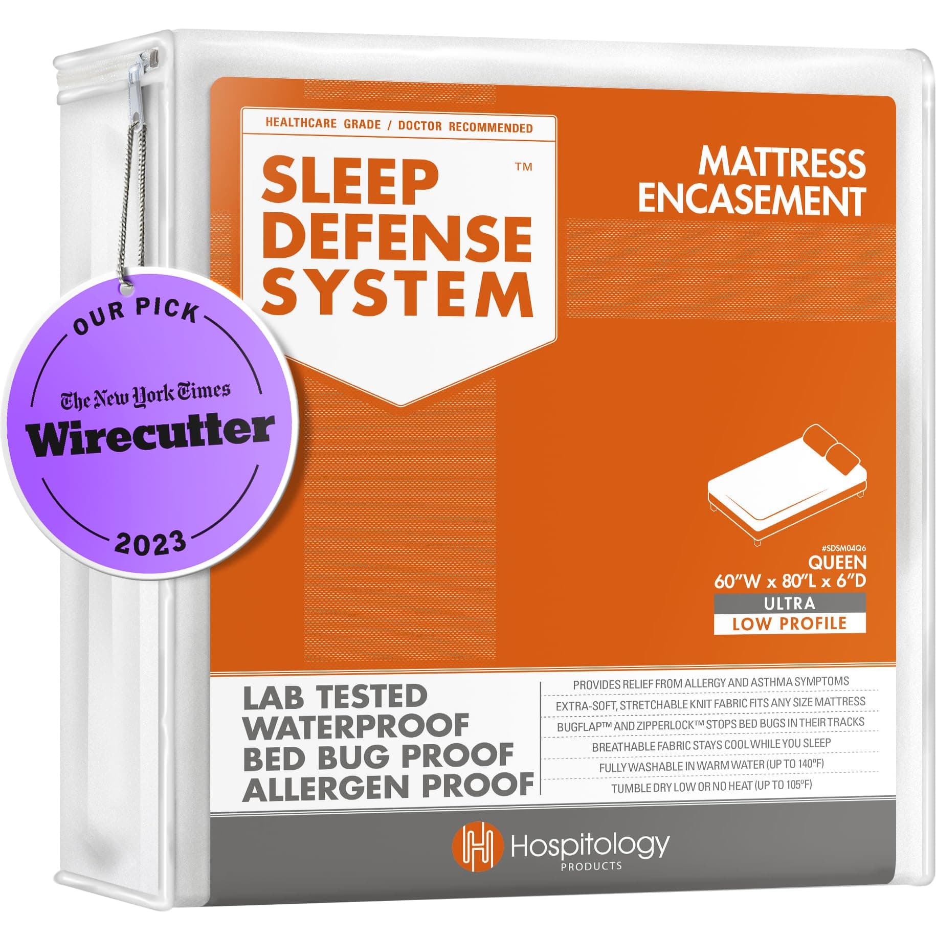 The Sleep Defense System - Waterproof/Bed Bug/Dust Mite Proof Zippered Mattress Encasement & Hypoallergenic Protector - 60-Inch by 80-Inch, Queen - Ultra-Low Profile 6"