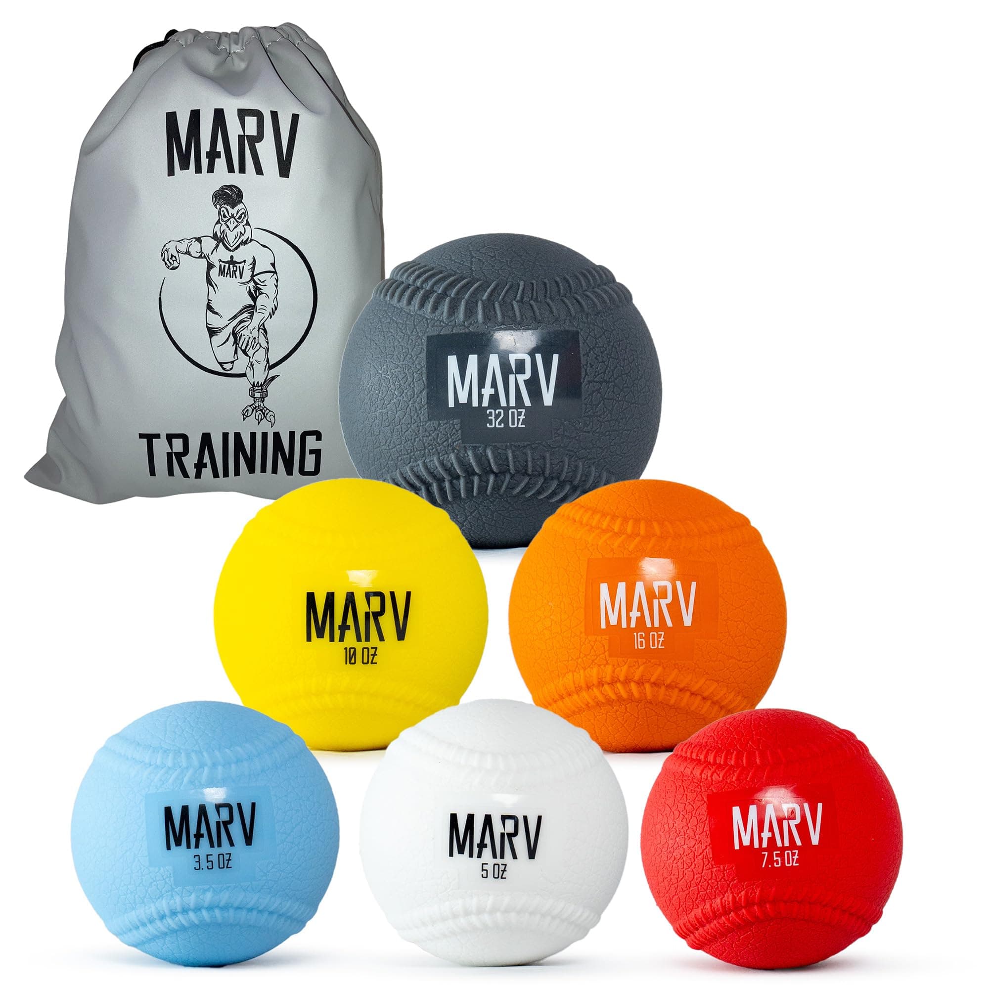 Marv Balls - Velo Set (Soft Shell use for Plyo Drills) Original PlyoMetric Ball with Seams Velocity Development Set - 6 Weighted Baseballs
