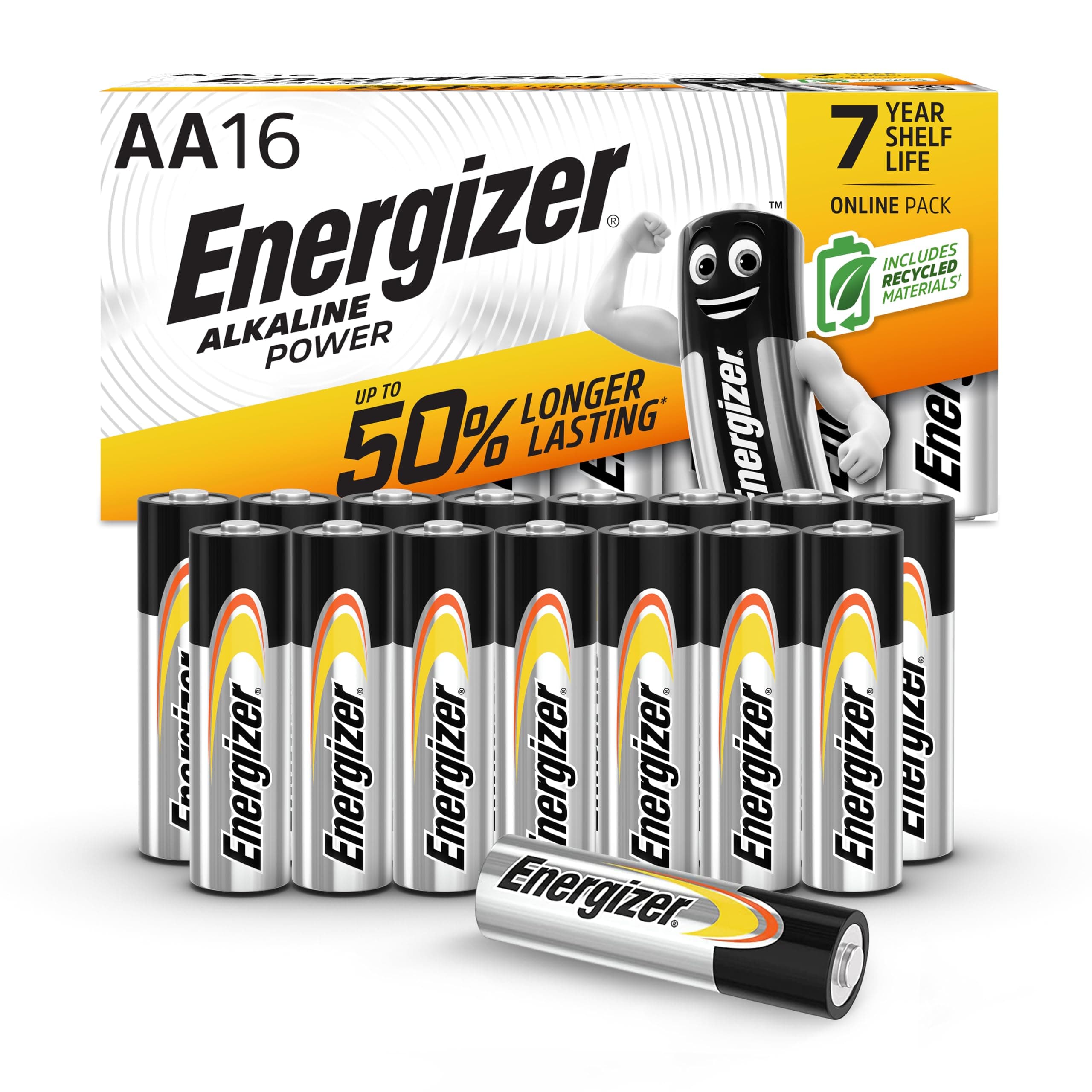 Alkaline Power - AA Batteries (16 Pack) - Double A Battery 1.5V - Up To 50% Longer Lasting - For Everyday Devices - 100% Recyclable Packaging - 7 Year Shelf-Life [Amazon Exclusive]