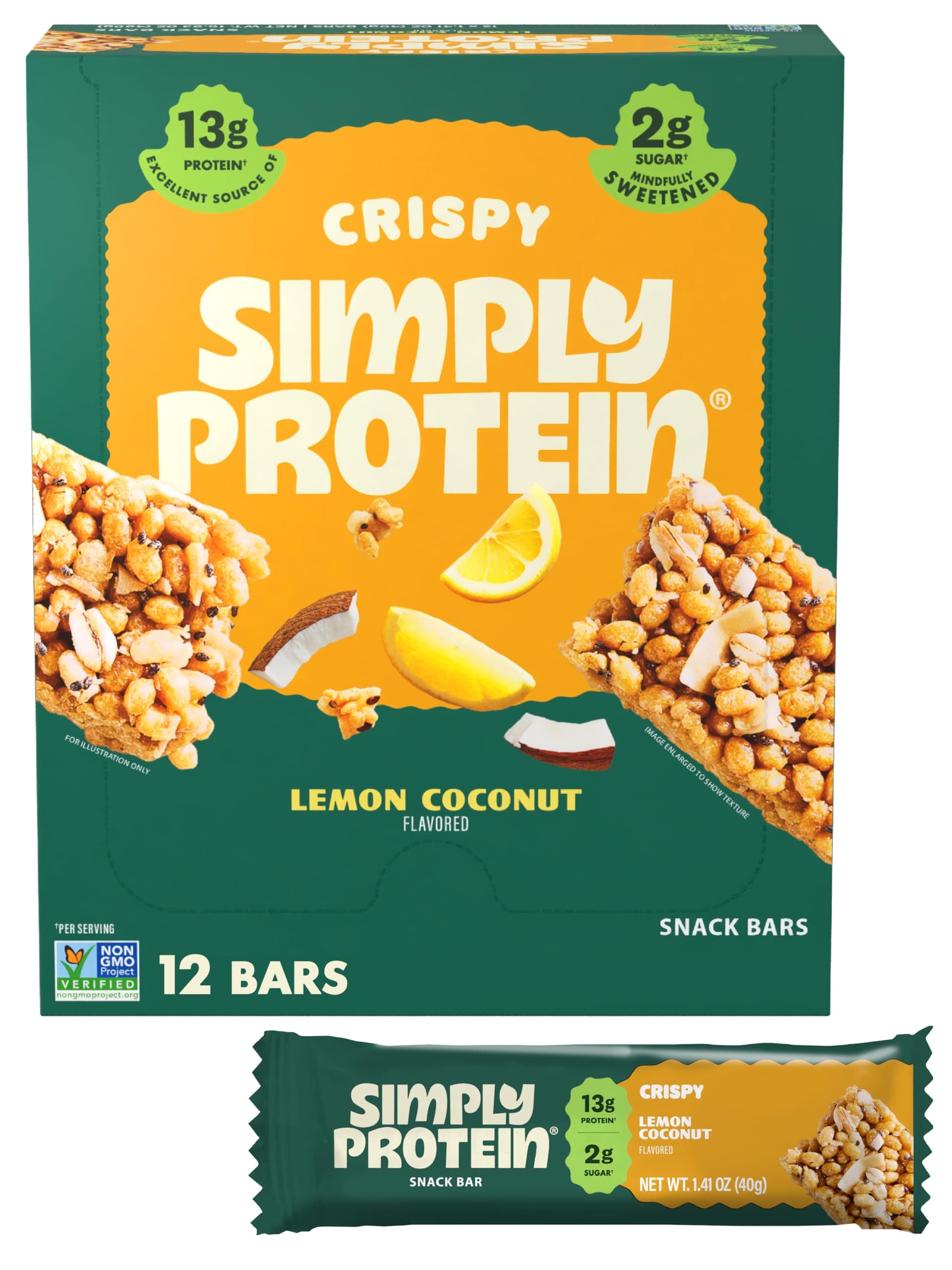Lemon Coconut Crispy Bars - Plant Based Protein Bars - Low Carb, Low Sugar, High Fiber - 13g Protein, 2g Sugar, 7g Fiber - Vegan, Gluten Free, Non GMO, Kosher - 12 Bars