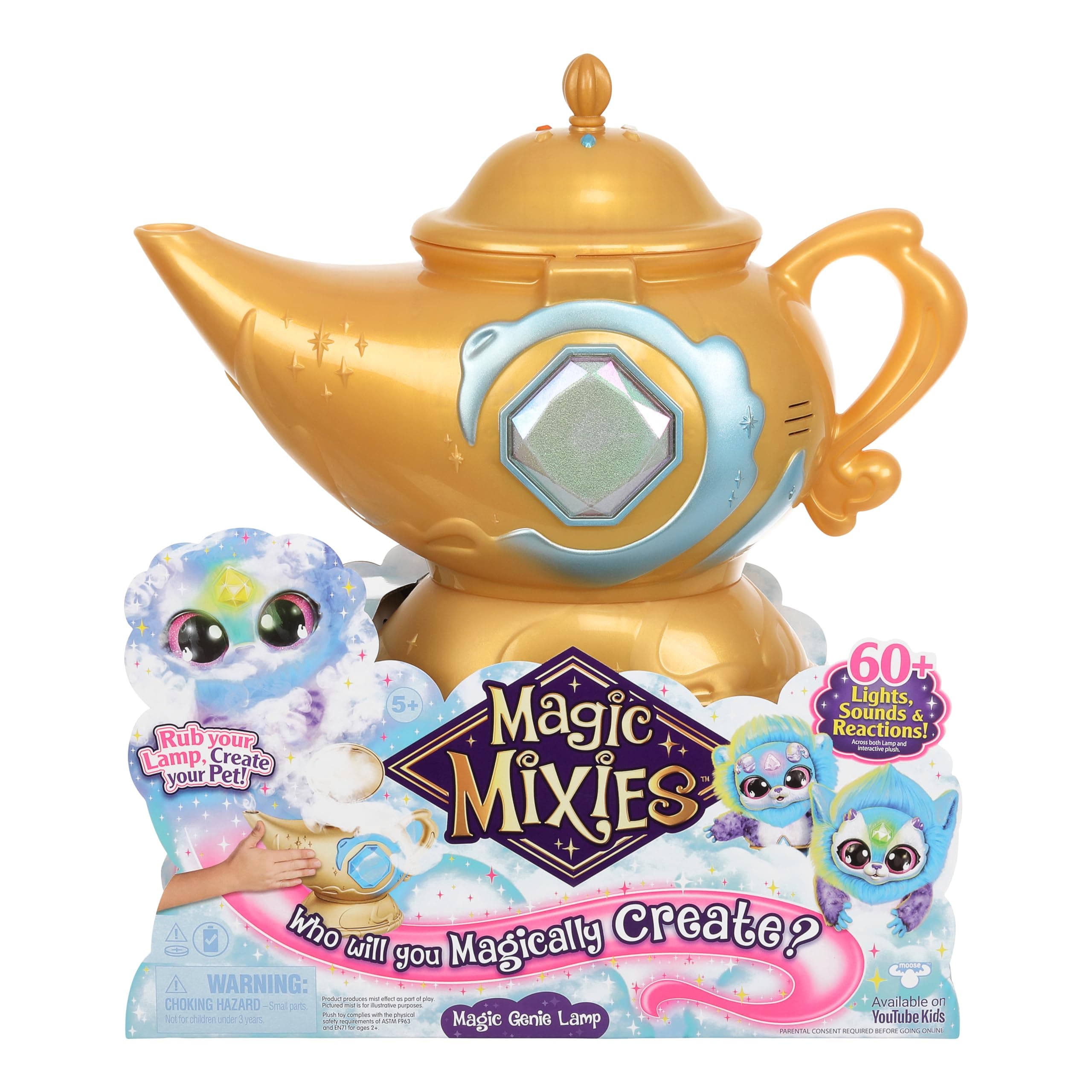 Magic Genie Lamp with Interactive 8 inch Blue Plush Toy & 60+ Sounds and Reactions: Perform The Magic Steps to Unlock a Magic Ring & Reveal a Blue Genie Mixie From the Real Misting Lamp
