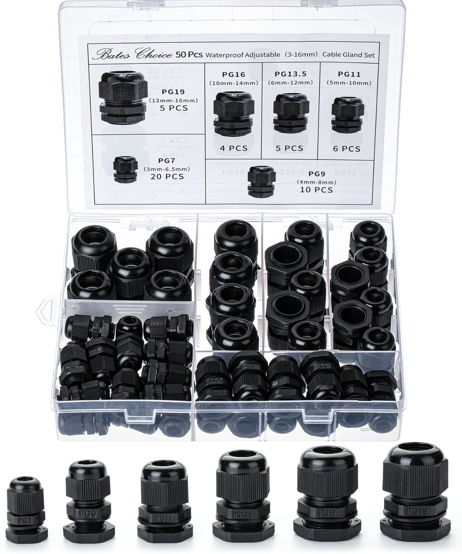 Bates- Nylon Cable Gland, 50 pcs, 3-16 mm Cable Gland Connectors, PG7, PG9, PG11, PG13.5, PG16, PG19, Waterproof Cable Connector, Black Cord Grip, Plastic Cable Connector, Cable Glands Waterproof