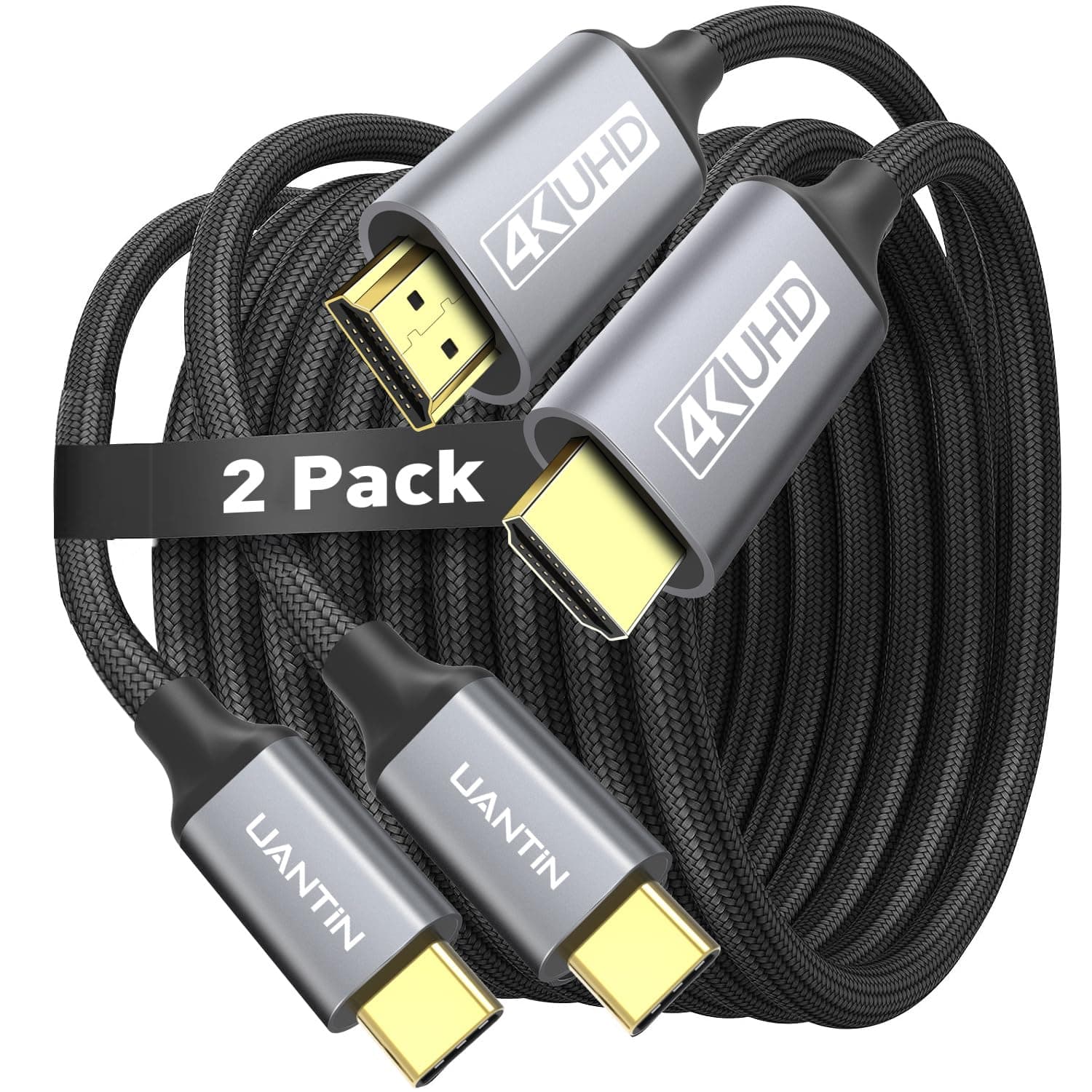 UANTIN USB C to HDMI Cable 6Ft | 4K USB 3.1 Type-C to HDMI Cord [Thunderbolt 3/4 Compatible] with MacBook Pro/Air, Galaxy S8 to S23, iPhone 15/16, iPad Pro, iMac, Surface - 2 Pack