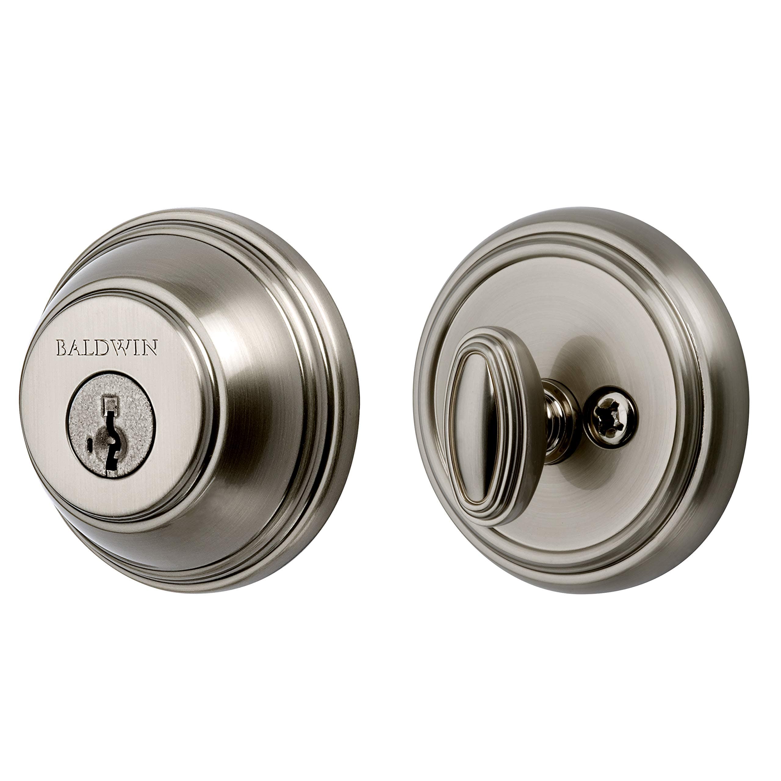 Baldwin Round, Single Cylinder Front Door Deadbolt Featuring SmartKey Re-key Technology and Microban Protection, in Satin Nickel