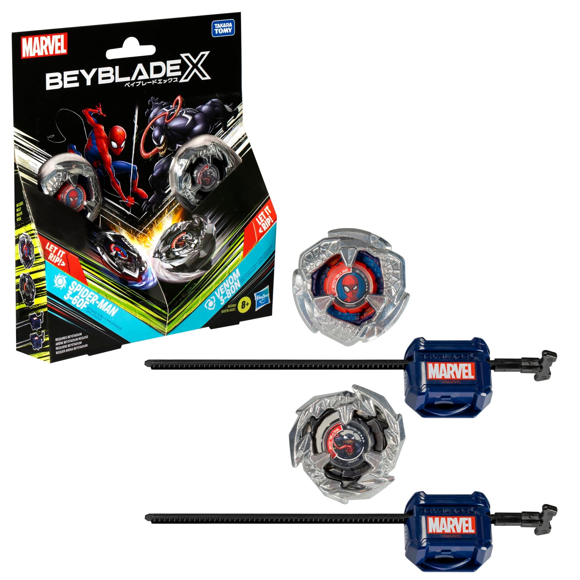 Hasbro Beyblade X Marvel Collab Spider-Man 3-60F vs. Venom 3-80N Multipack Set, Includes 2 Right-Spin Tops & Launchers, Spinning Toys for Kids 8 for Marvel Fans, Boys and Girls