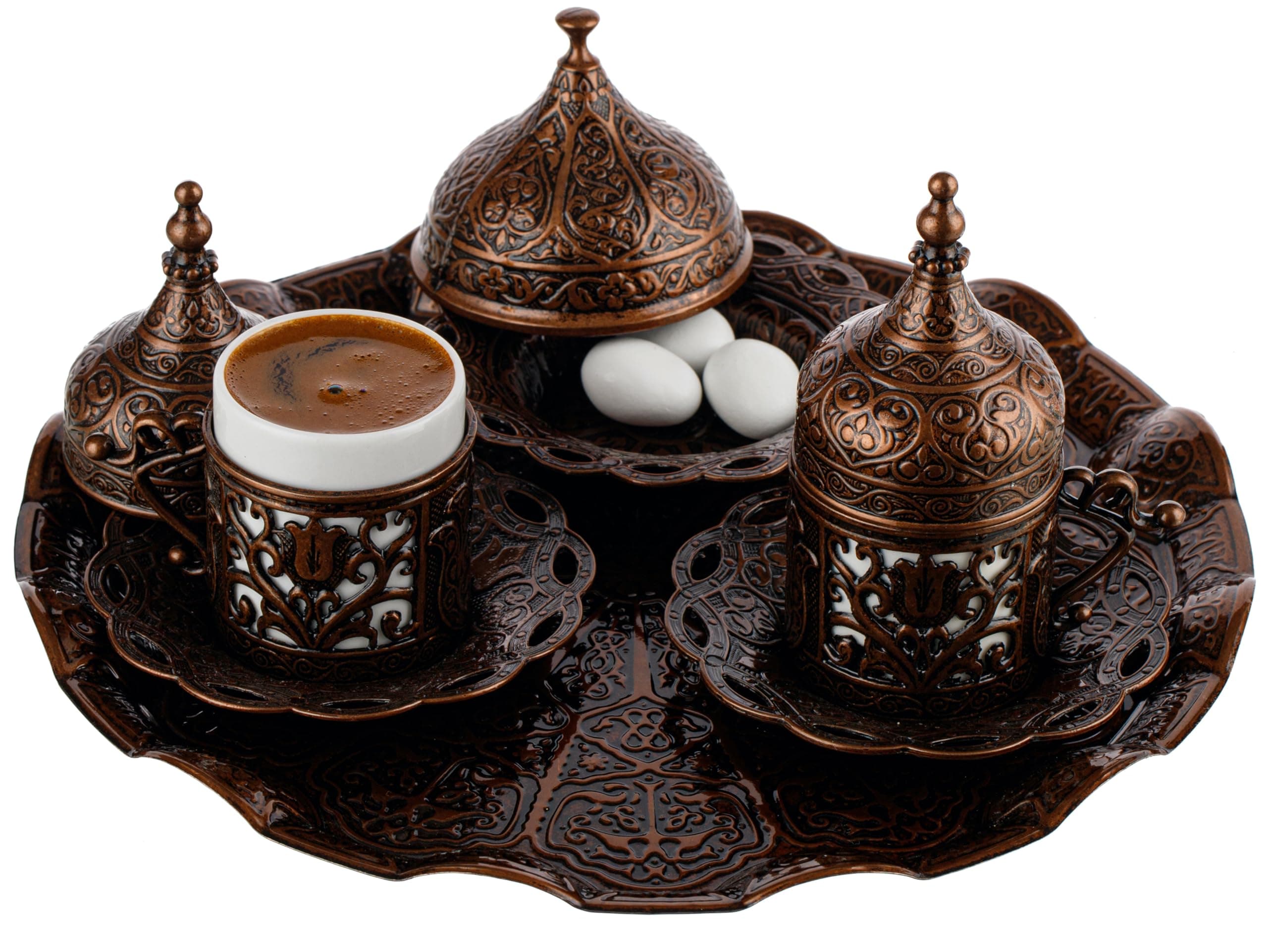 DEMMEX Turkish Coffee Serving Set for Two – Hand-Decorated Cups with Saucers, Lids, Sugar Bowl and Ornate Tray – Authentic Gift Set Made in Turkey (Antique)