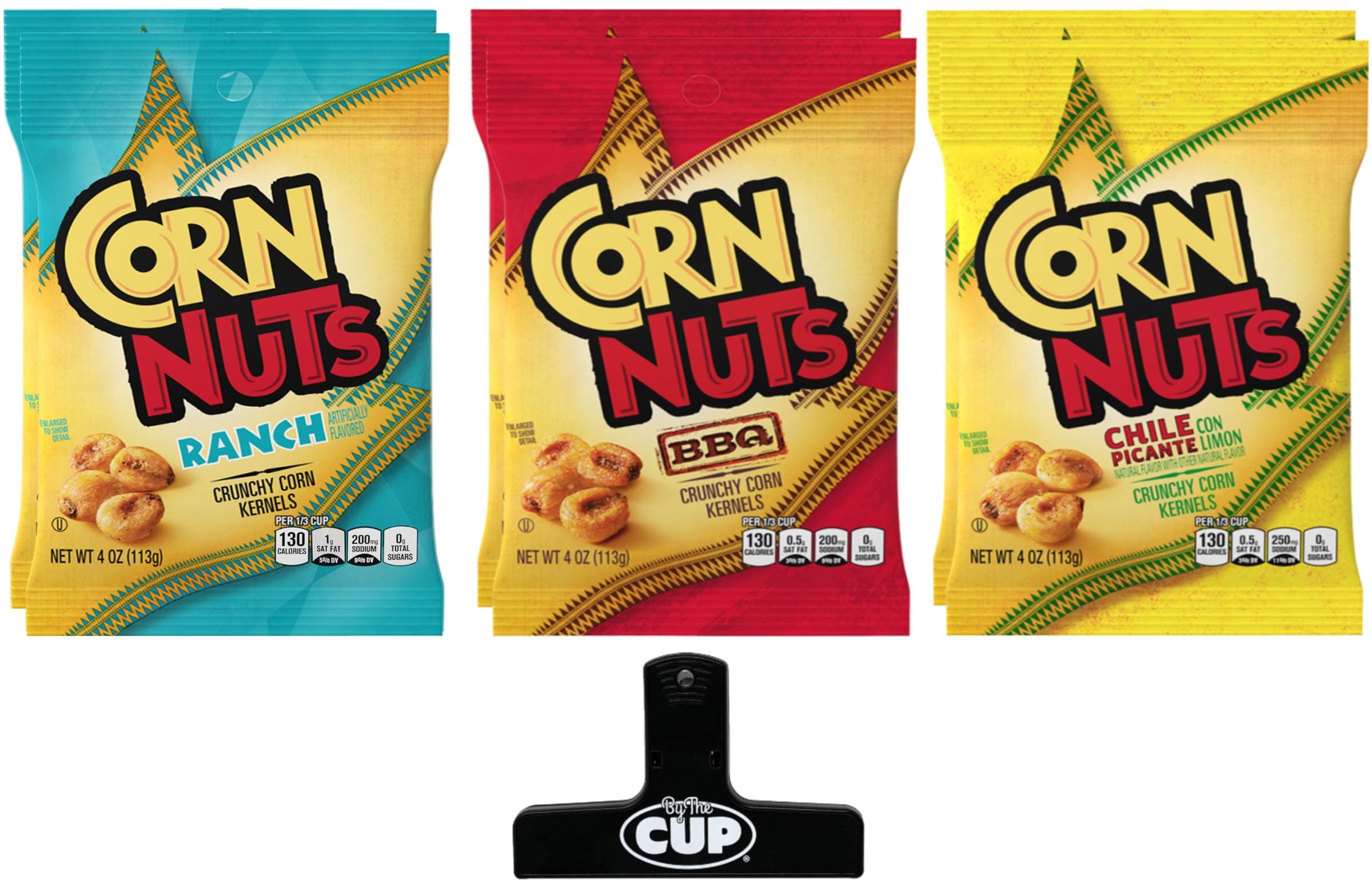 Corn Nuts Variety Pack, BBQ, Ranch, and Chile Picante 4 oz Bag 2 of each (Pack of 6) with By The Cup Bag Clip