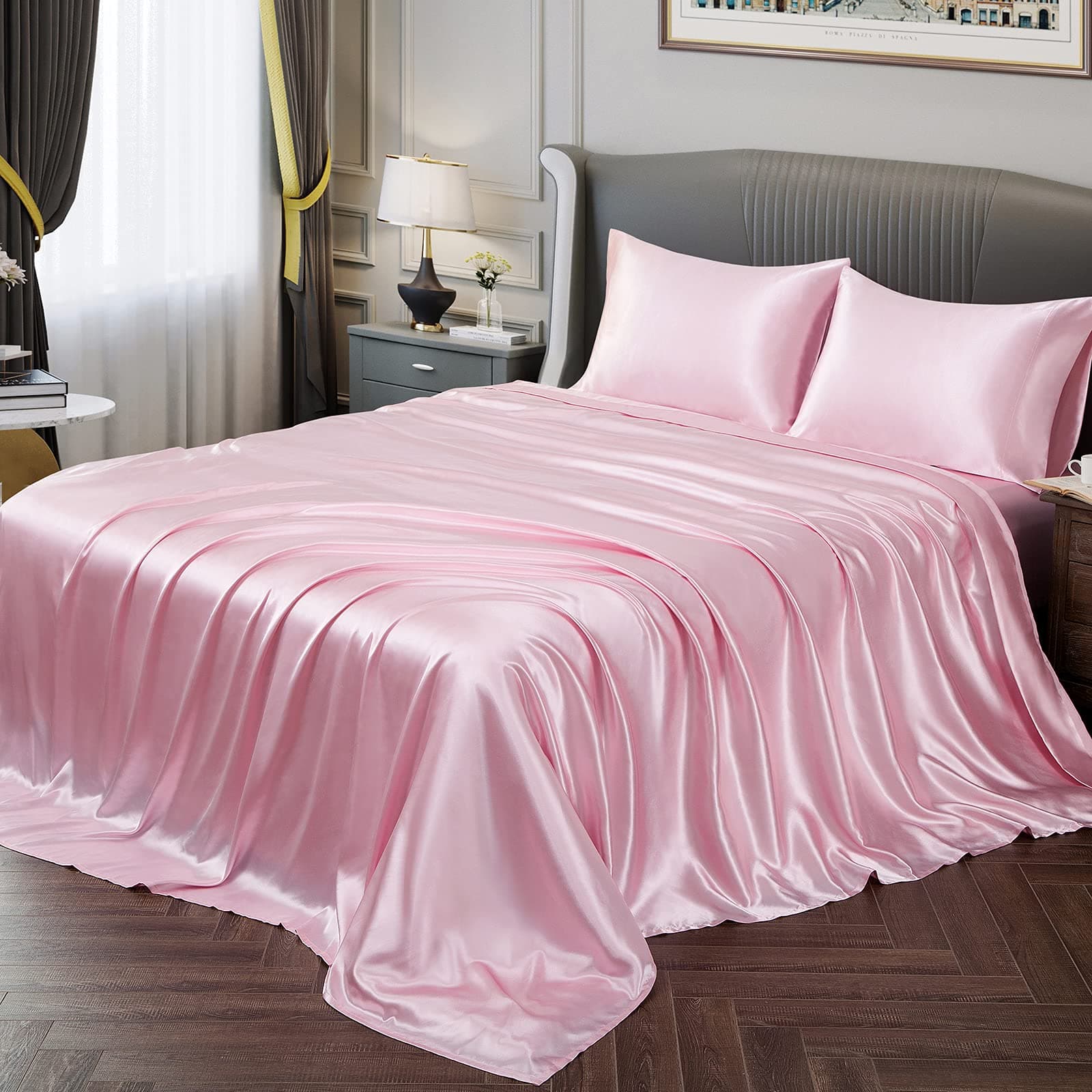 Satin Sheets Full Size Silky Soft Satin Bed Sheets Pink Satin Sheet Set, 1 Deep Pocket Fitted Sheet + 1 Flat Sheet + 2 Pillowcases
