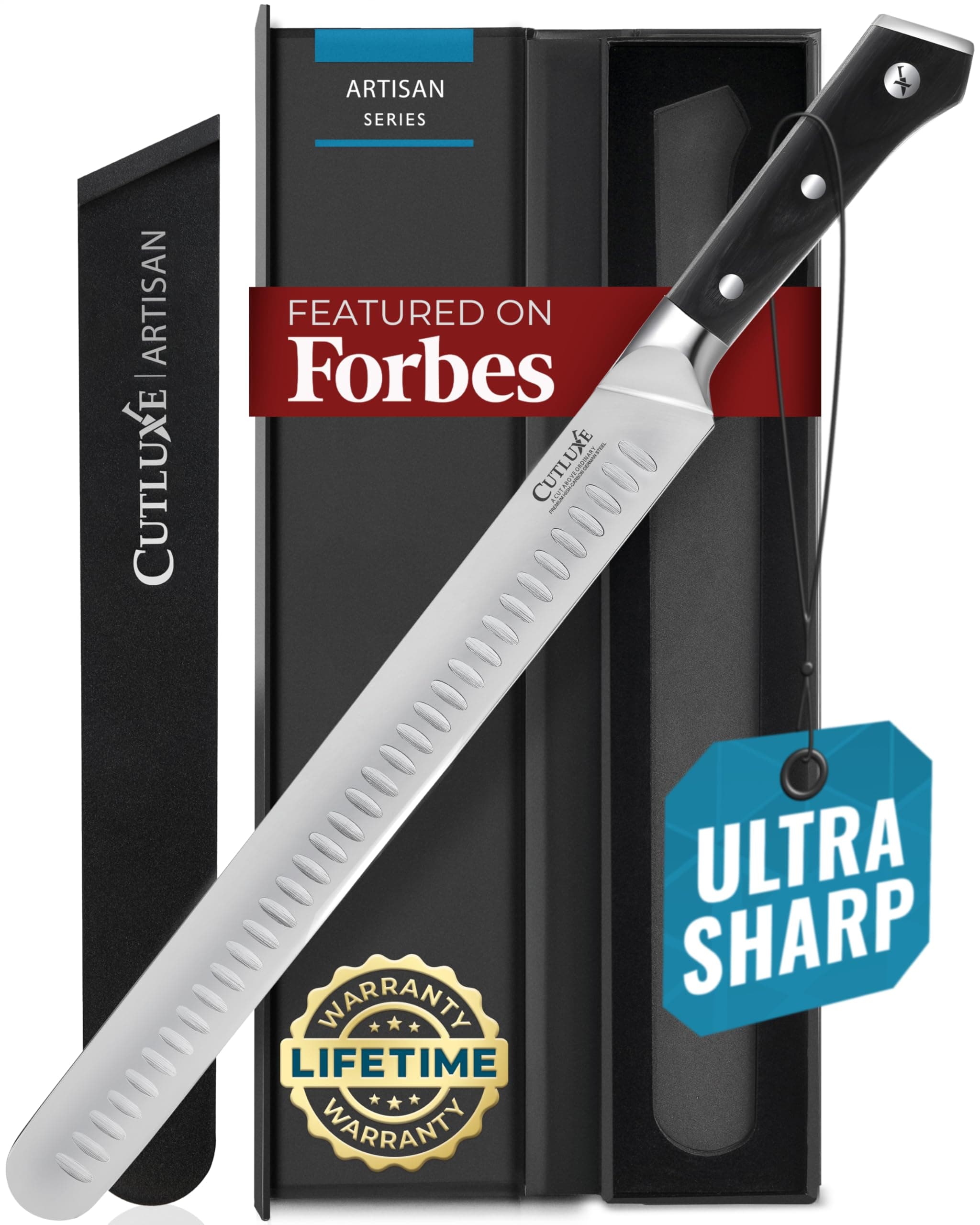 Cutluxe Brisket Knife – 12" Carving & Slicing Knife for Meat & BBQ – Razor Sharp German Steel, Sheath Included, Ergonomic Full Tang Handle Design, Grilling Gifts for Men – Artisan Series
